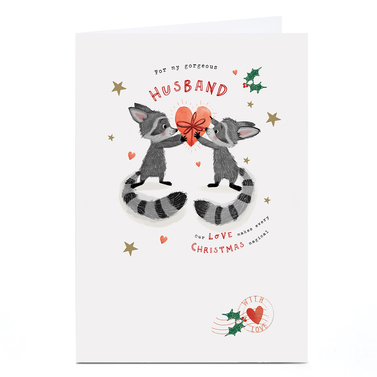 Personalised Christmas Card - Raccoons with Heart Present, Husband