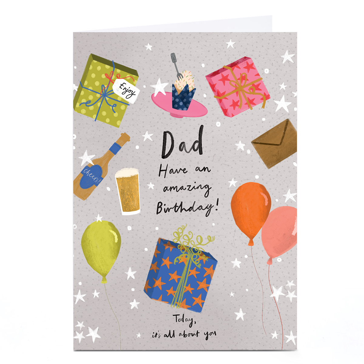 Personalised Birthday Card - Presents Balloons and Cake, Dad