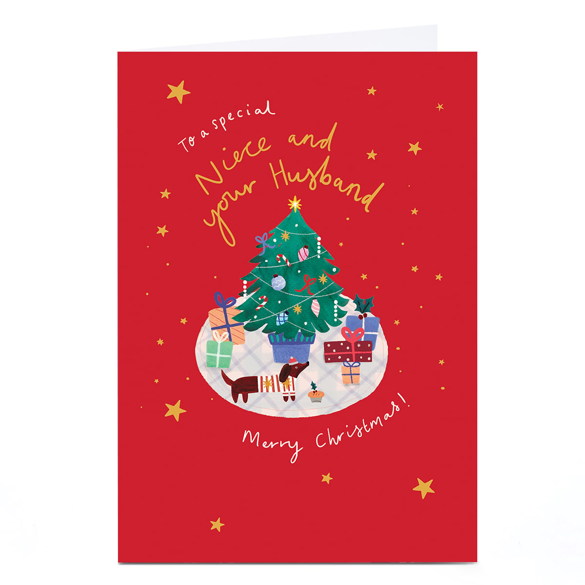 Christmas Card - Sausage Dog and Christmas Tree, Niece And Your Husband