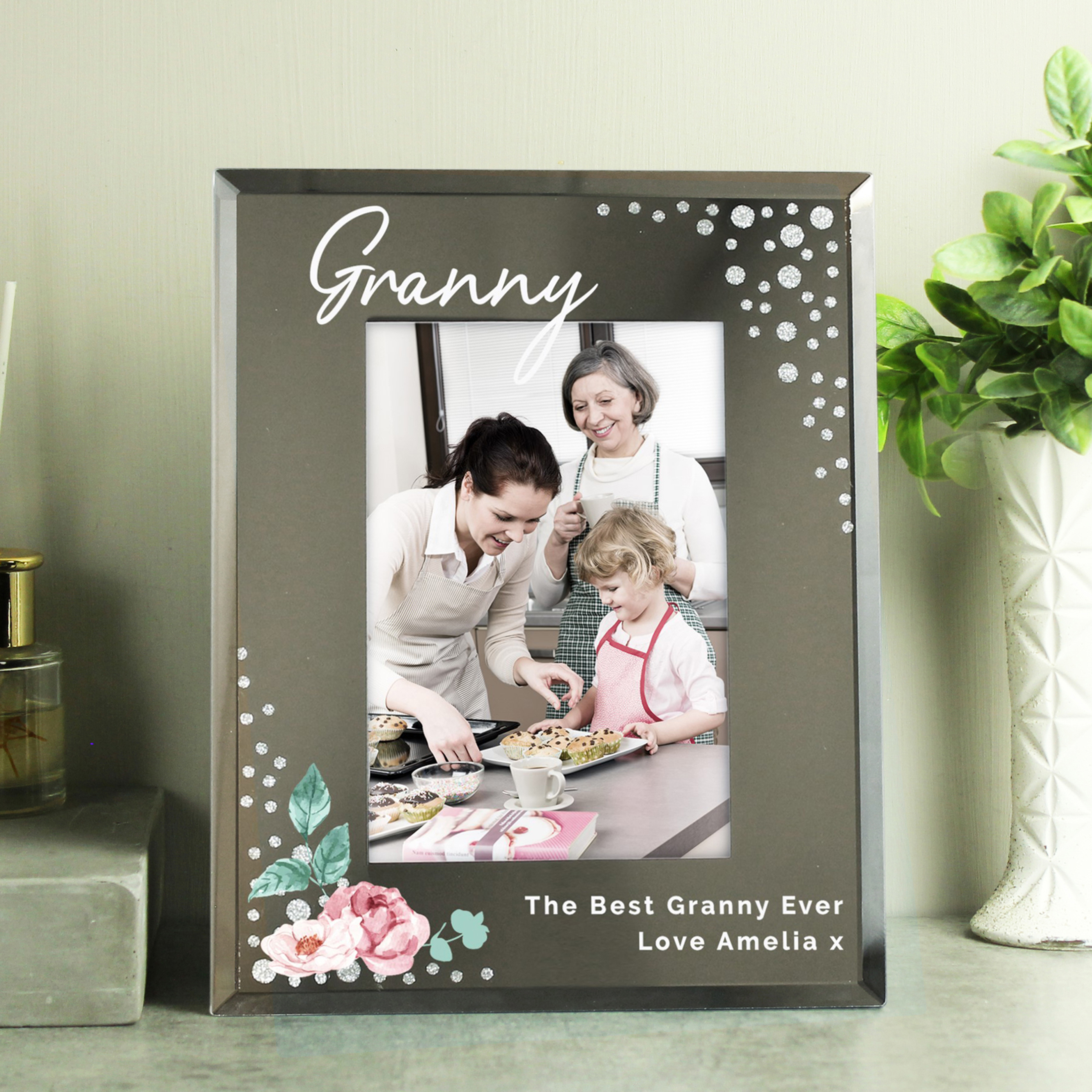 Personalised Floral Diamante Glass Photo Frame