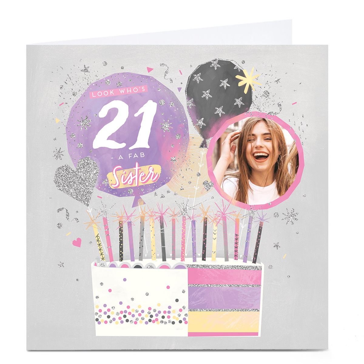 Photo 21st Birthday Card - Pastel Cake, Sister