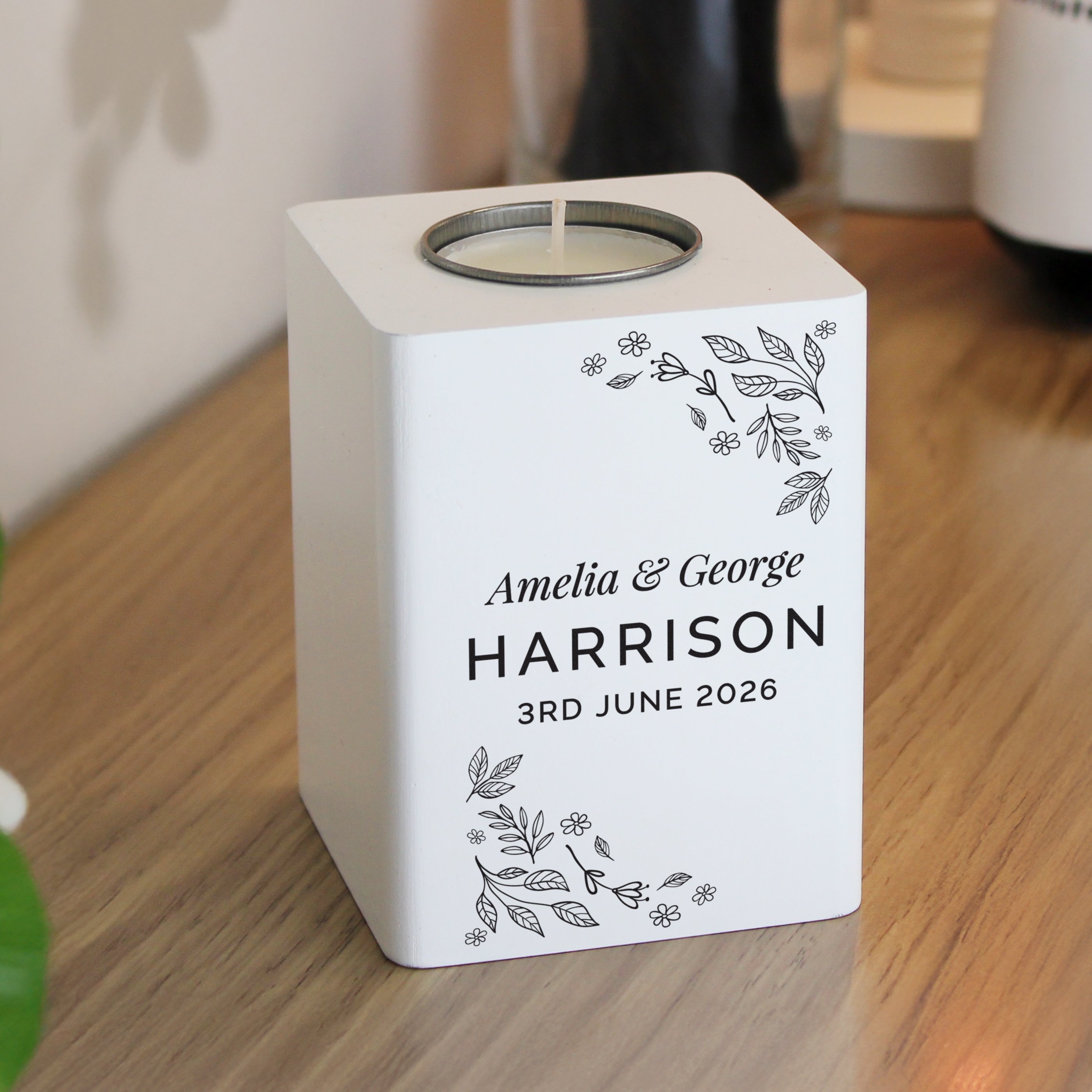 Personalised Floral Leaf White Wooden Tea Light Holder