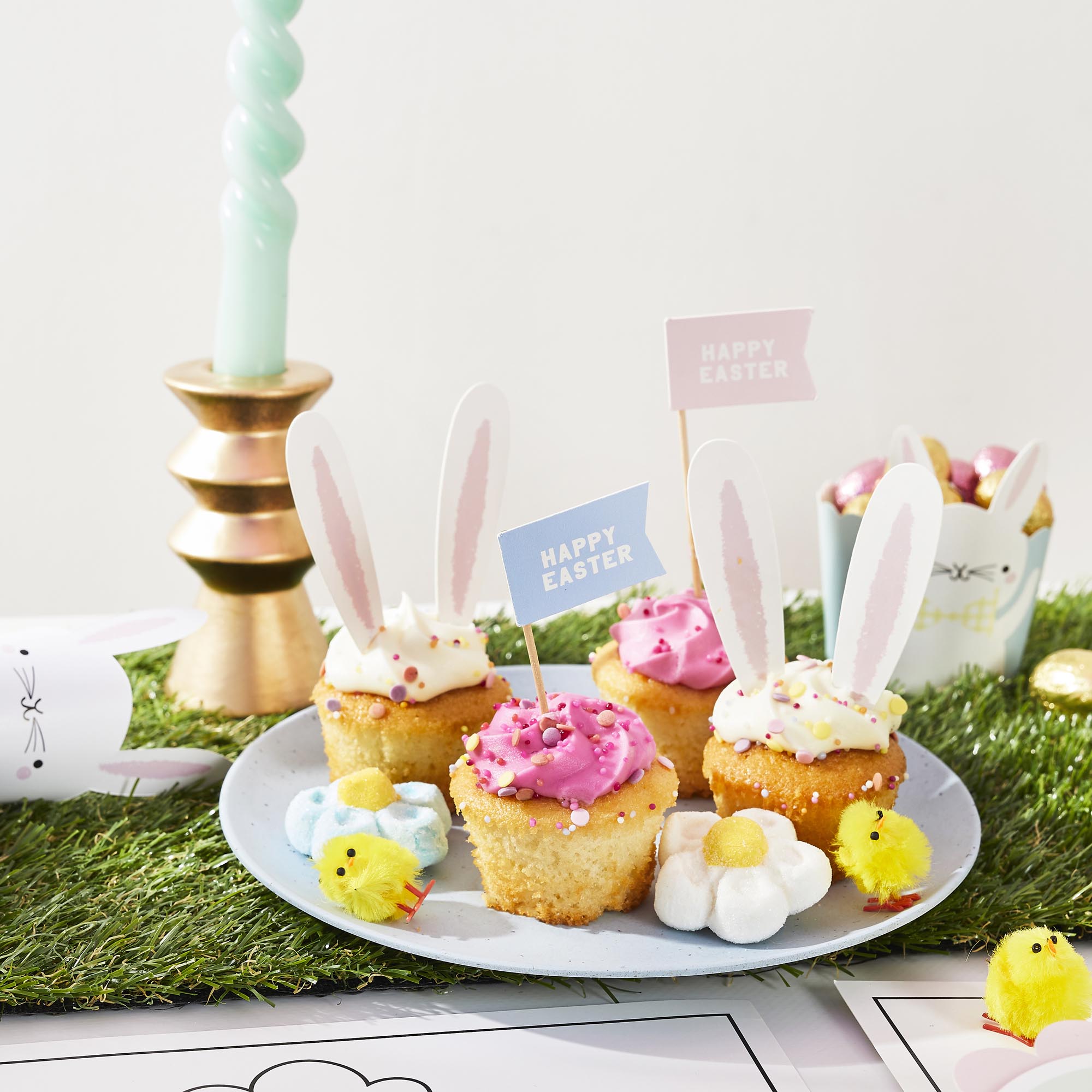 Bunny Ears & Happy Easter Flag Food Picks - Pack of 12