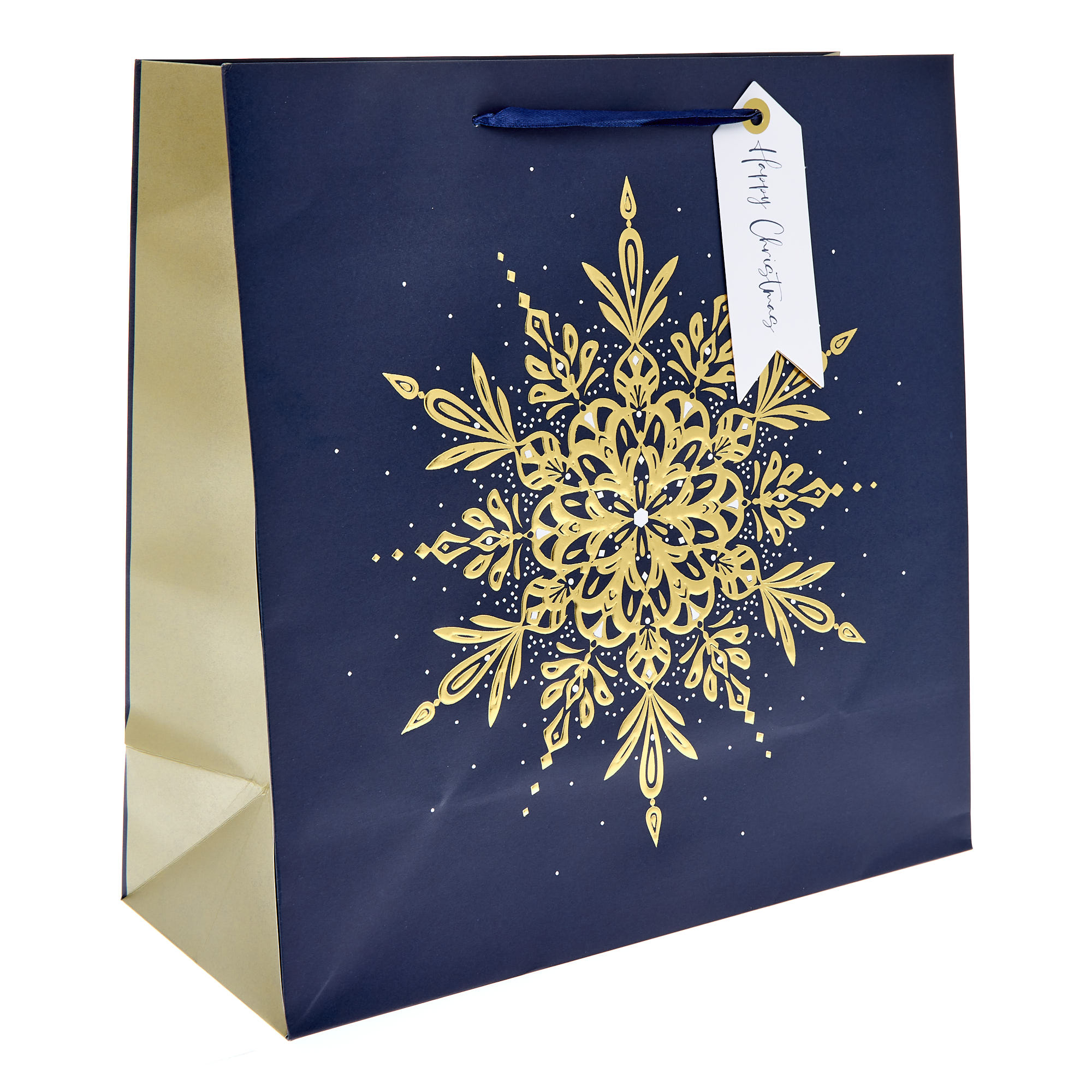 Image of Navy &amp; Gold Snowflake Large Square Christmas Gift Bag