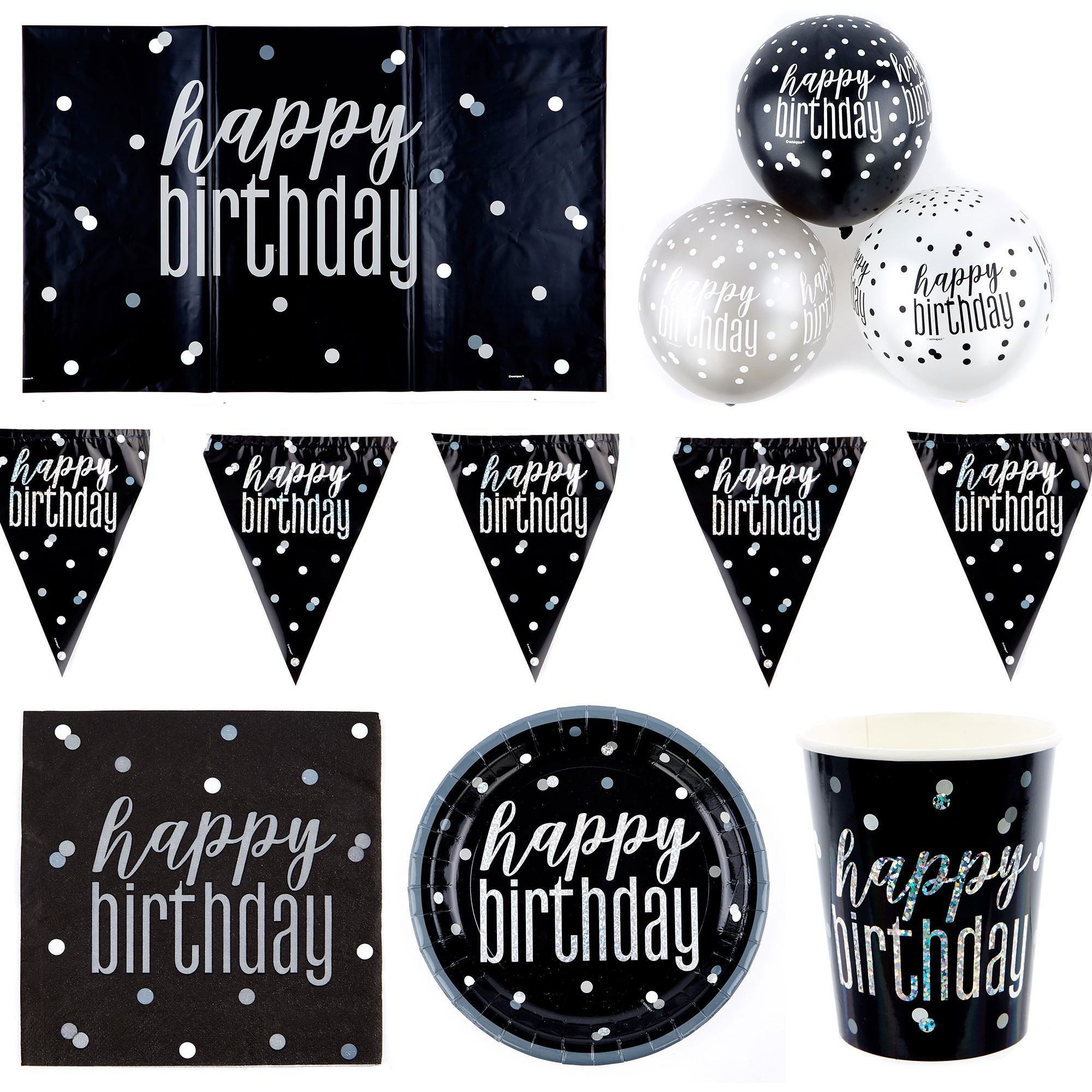 Black Happy Birthday Party Tableware & Decorations Bundle - 16 Guests