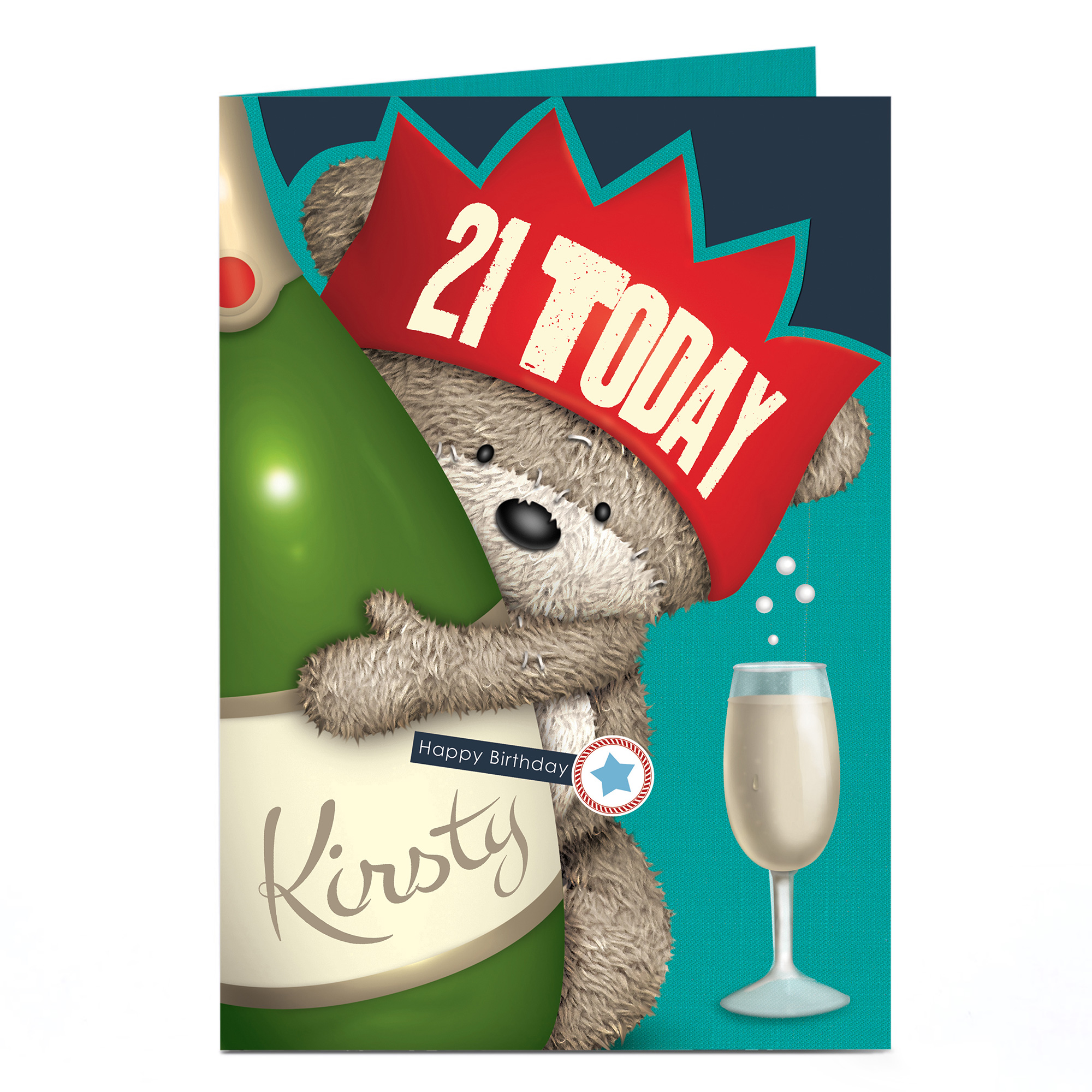 Personalised Birthday Card - Hugs Bear & Champagne, Editable Age & Recipient