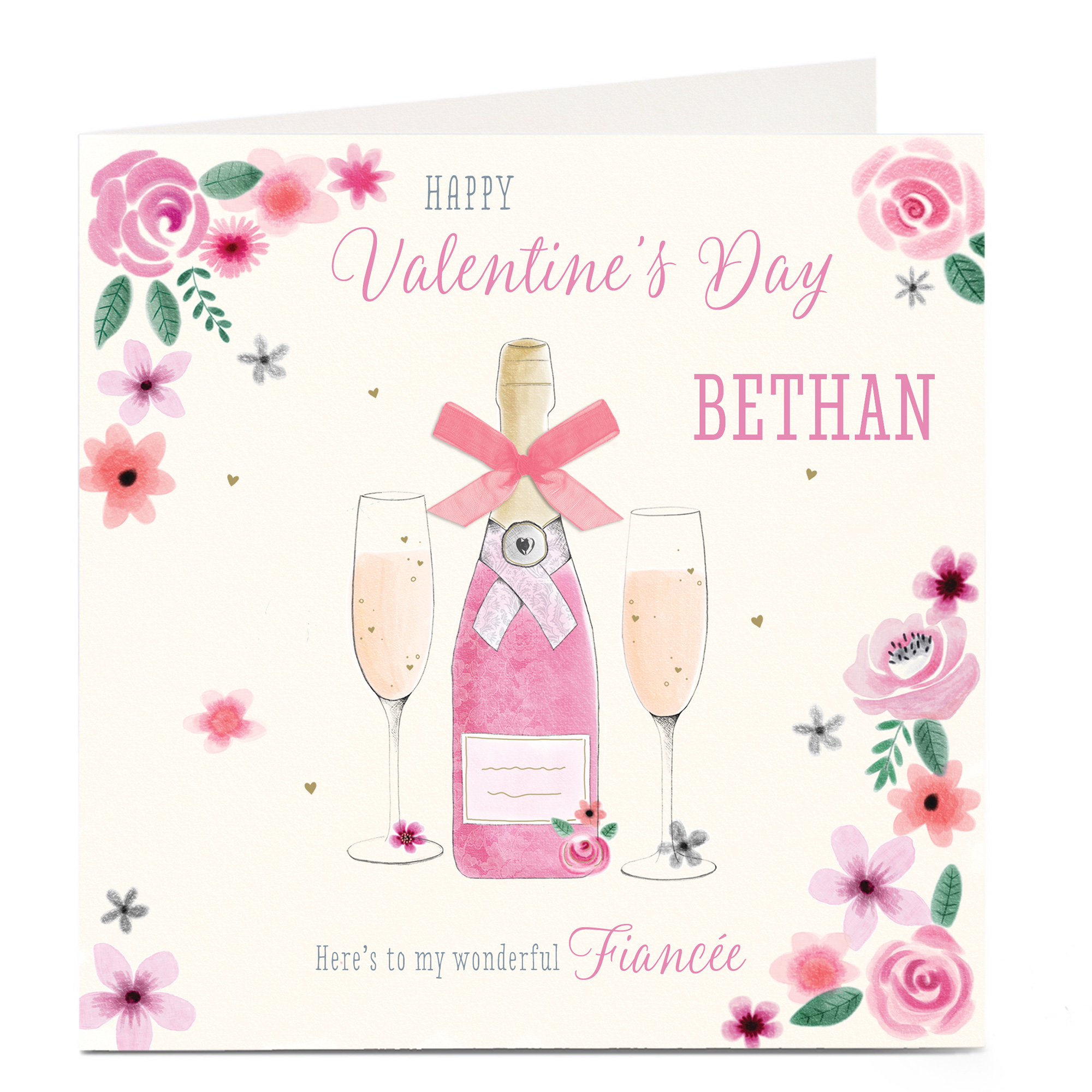Personalised Valentine's Card - Pink Champagne and Flowers
