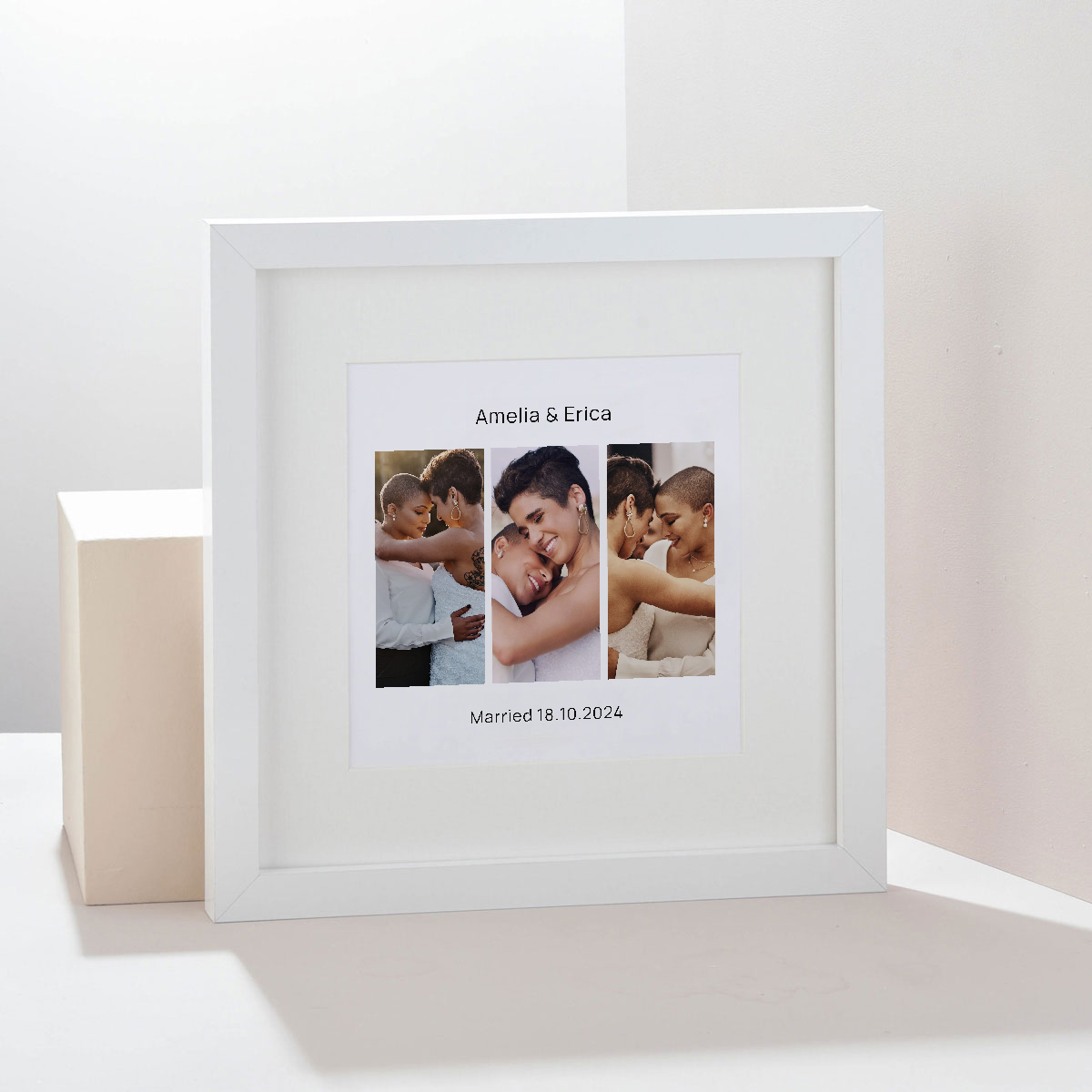 Personalised Square Framed 3 Photo Upload Wall Art Print -  Wedding Day
