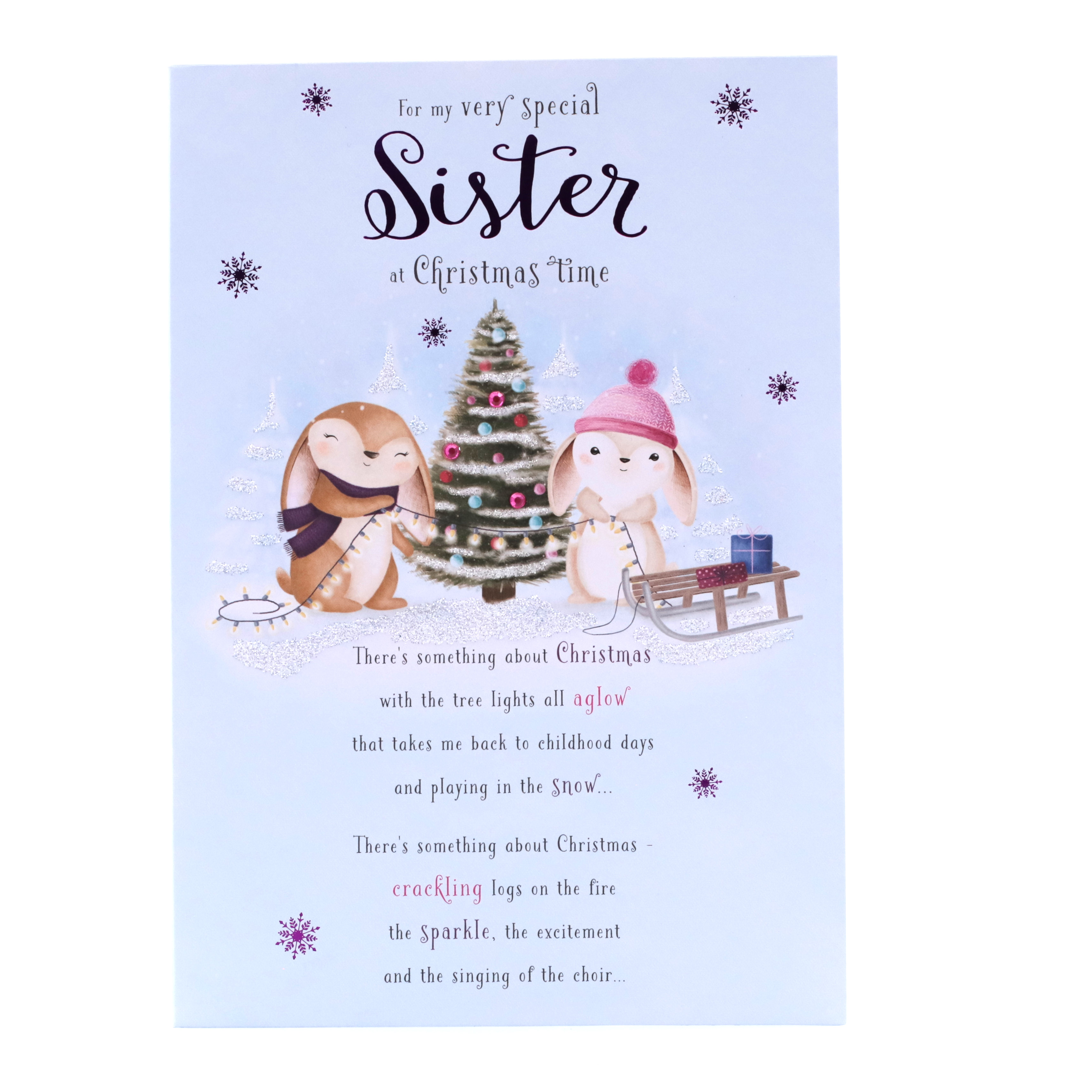 Christmas Card - Very Special Sister, Cute Rabbits By Tree