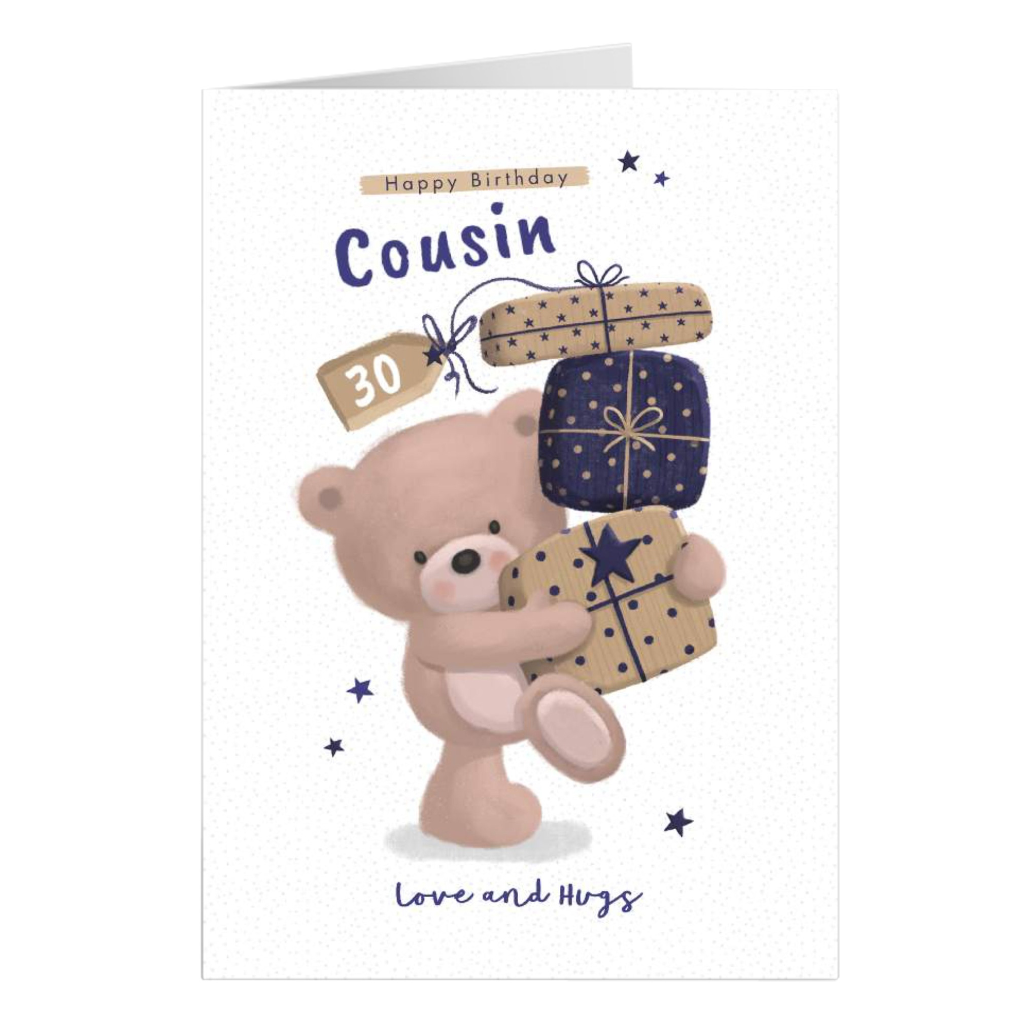 Personalised Hugs Birthday Card - Cousin, Pile of Presents