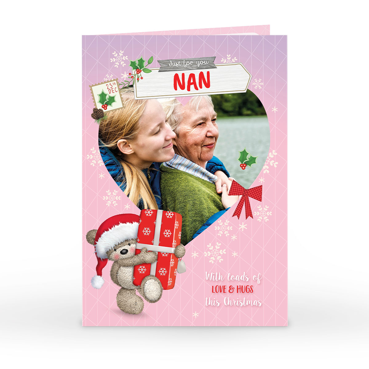 Personalised Hugs Christmas Photo Card - Pink Snowflakes Bear