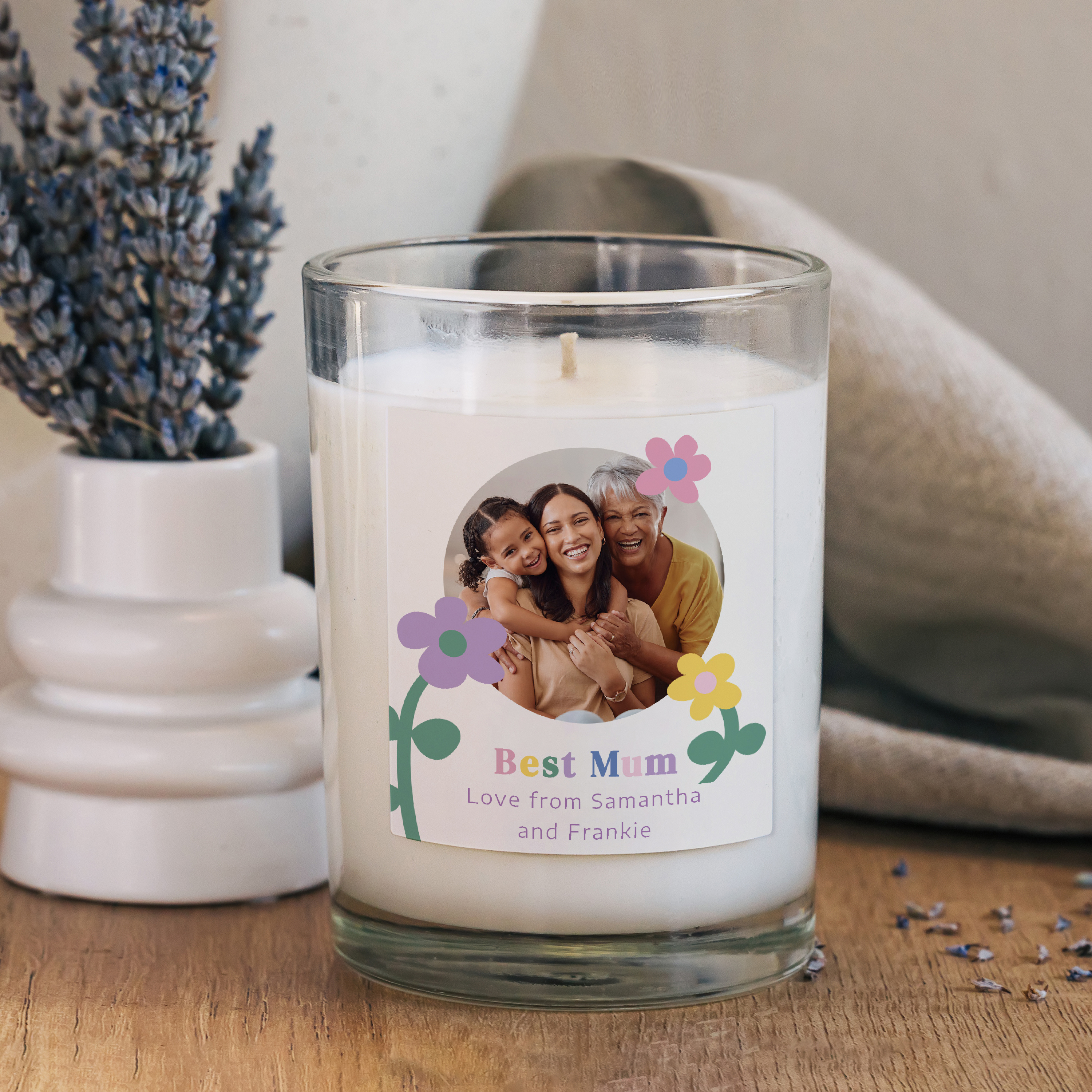 Personalised Photo Upload Scented Candle - Best Mum Flower Design