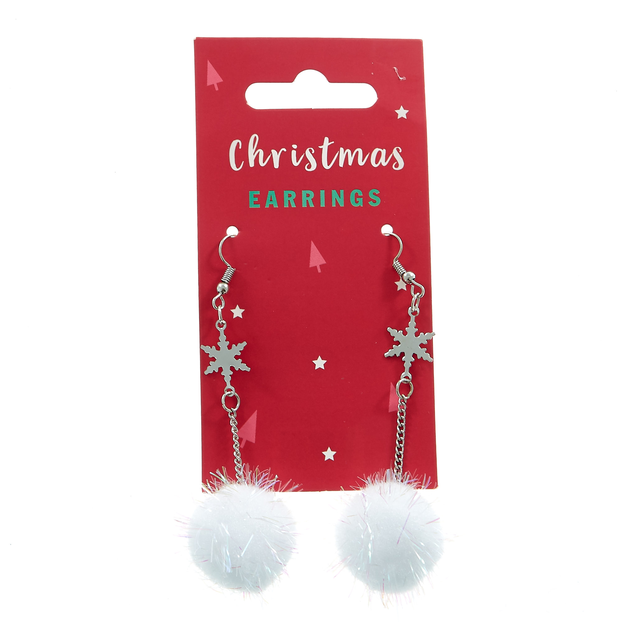 White Snowflake Pom-Pom Christmas Earrings