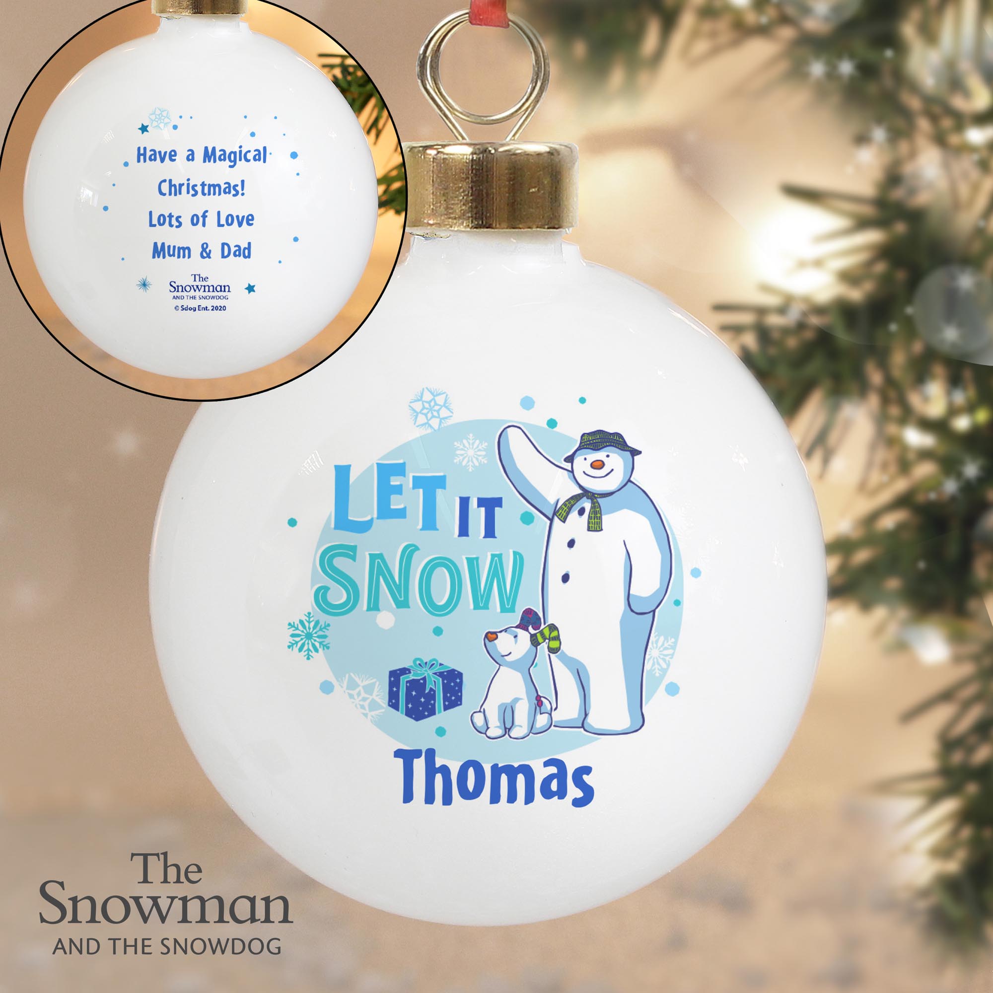 Personalised The Snowman & the Snowdog Blue Bauble