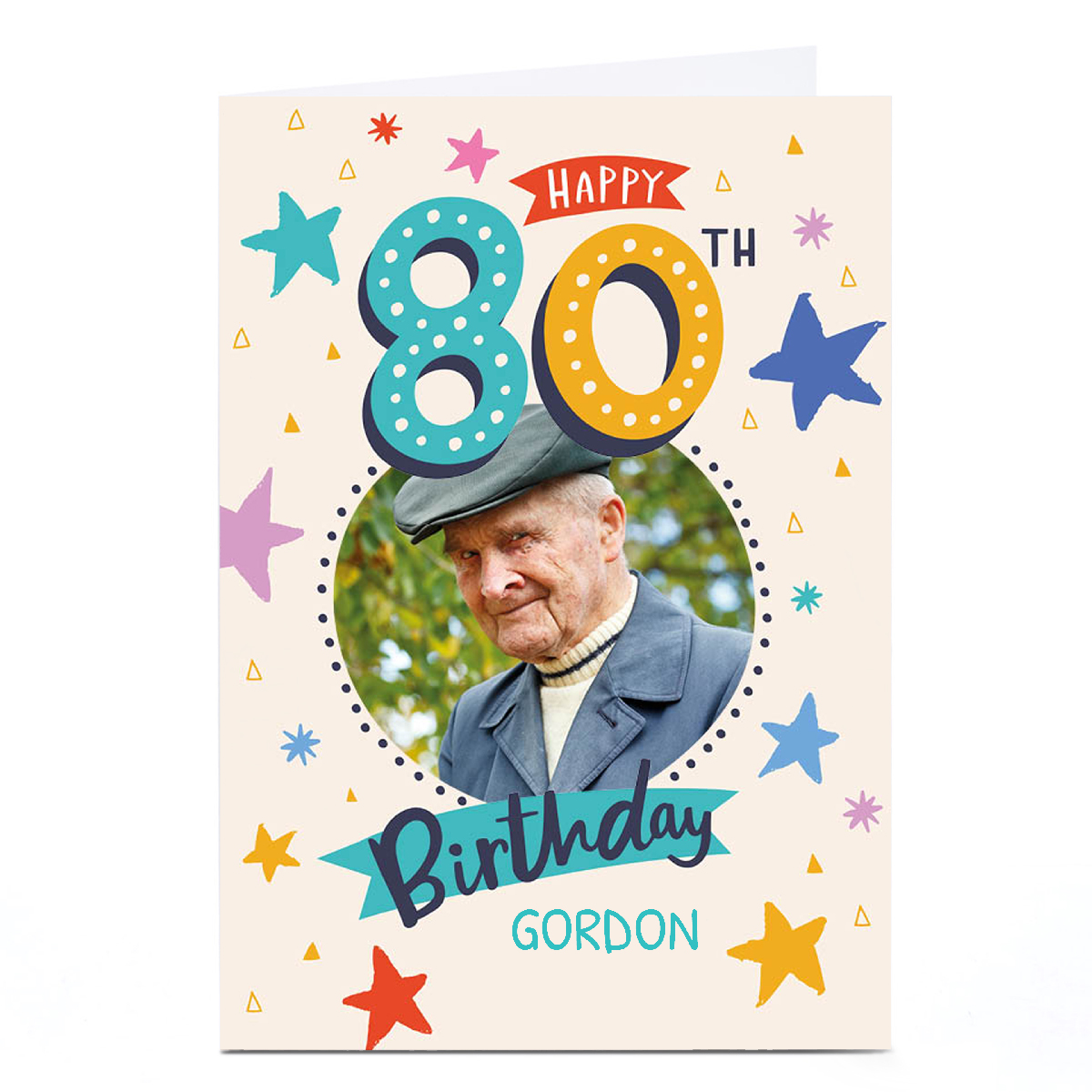 Photo Ebony Newton 80th Birthday Card - Colourful Stars, Any Name