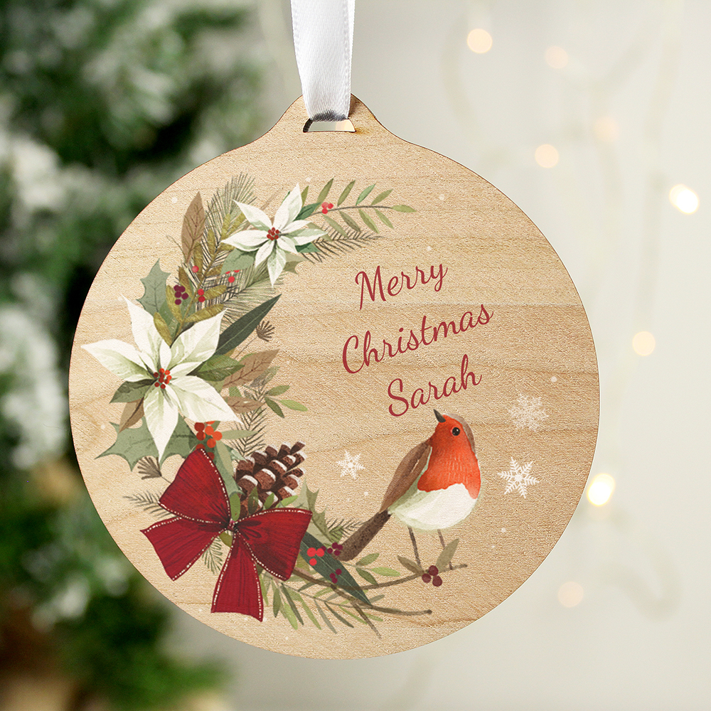 Personalised Wooded Robin Christmas Tree Decoration