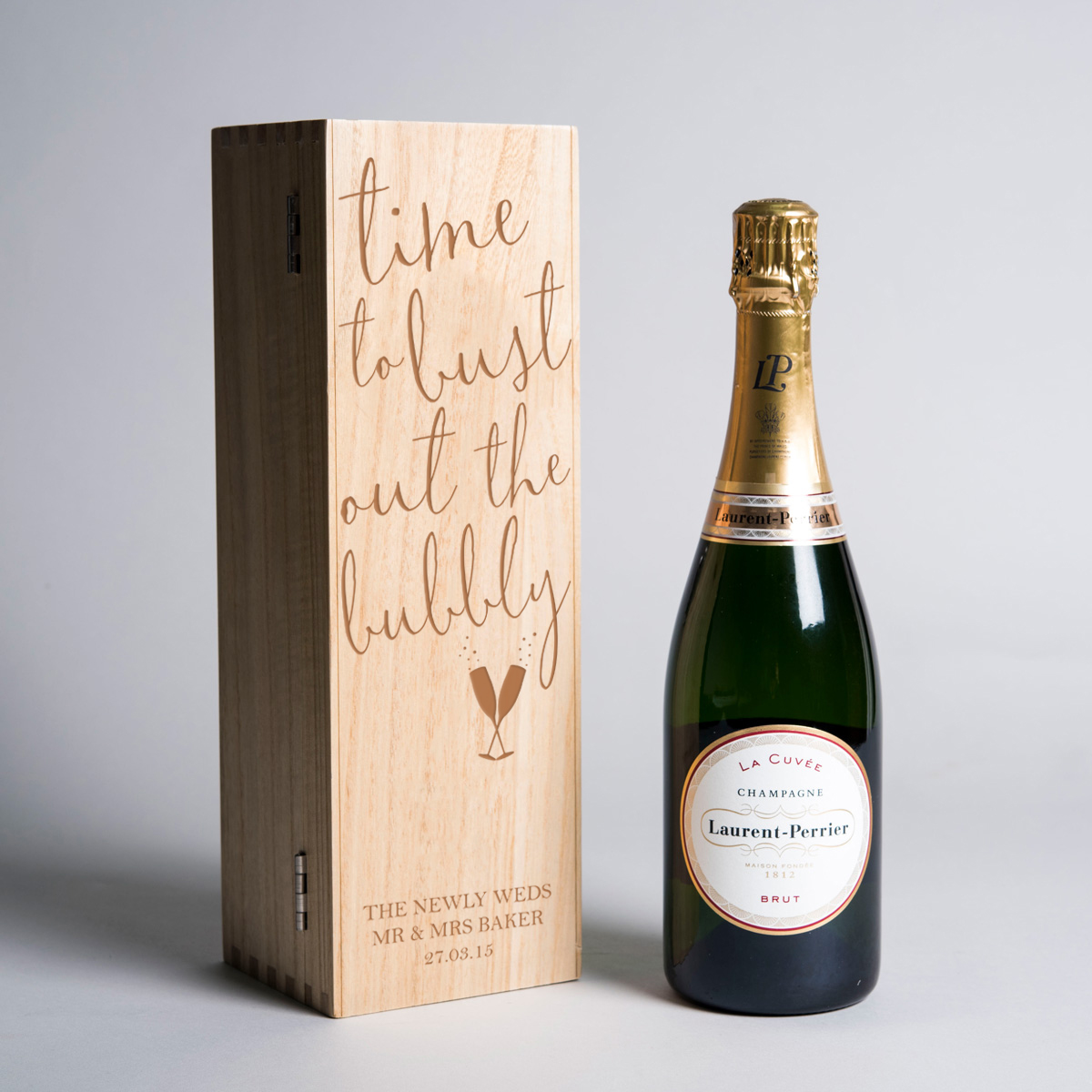 Engraved Wooden Box With Laurent-Perrier Champagne - Bust Out The Bubbly
