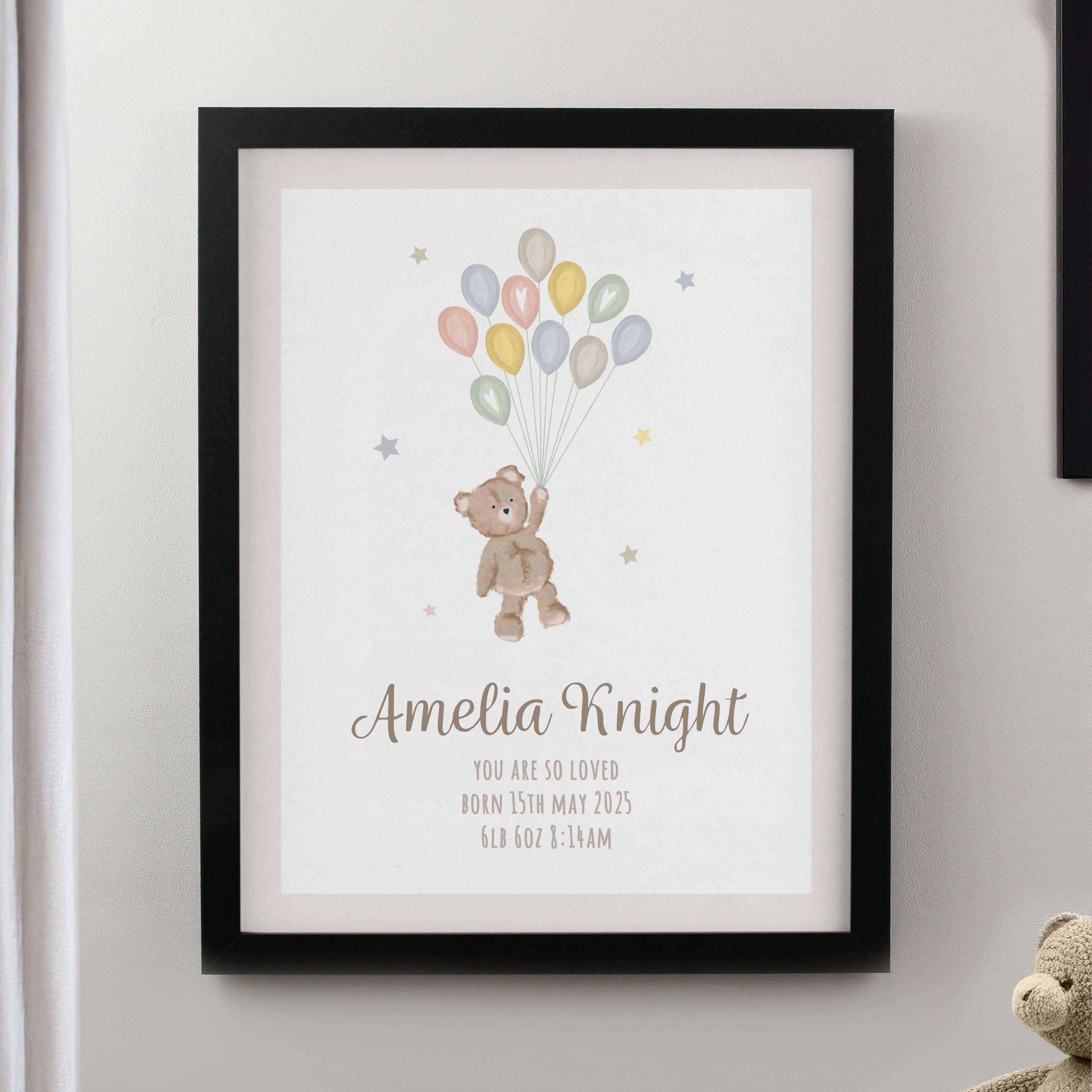 Personalised Teddy Balloon Black Poster Frame