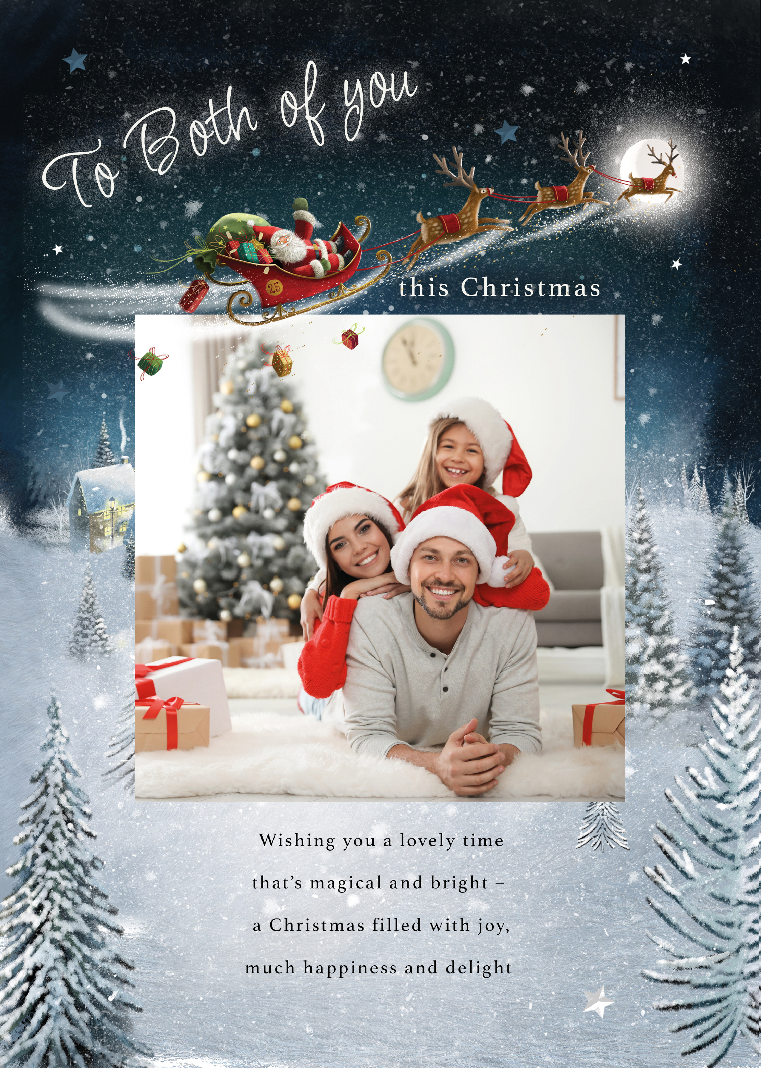 Photo Christmas Card - Santa's Sleigh over Snowy Town, To Both of You
