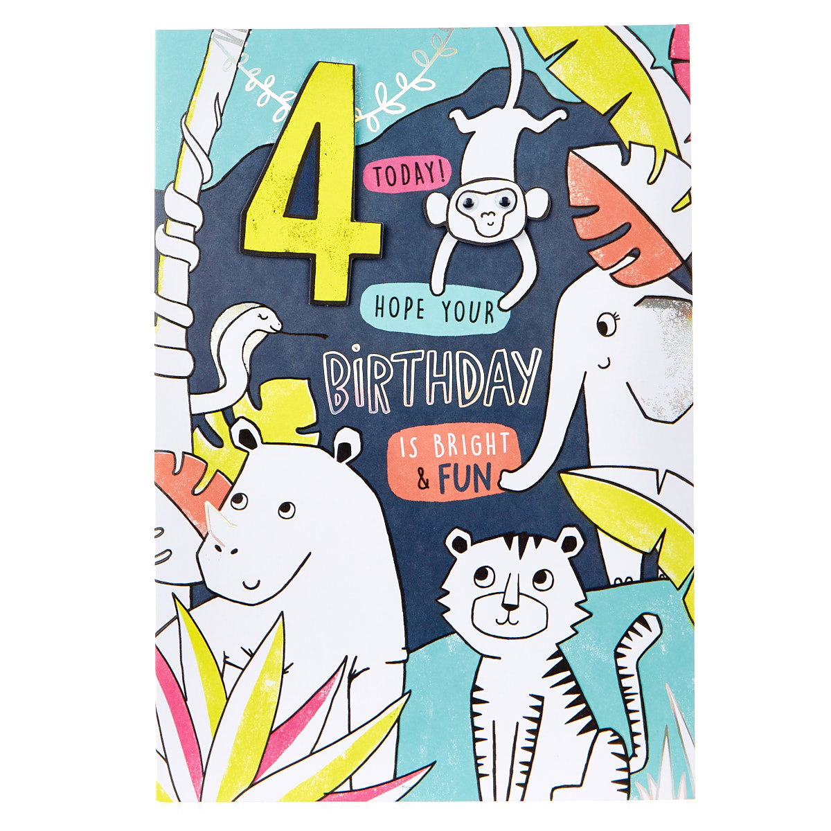 Colour-In 4th Birthday Card - Wild Animal Facts