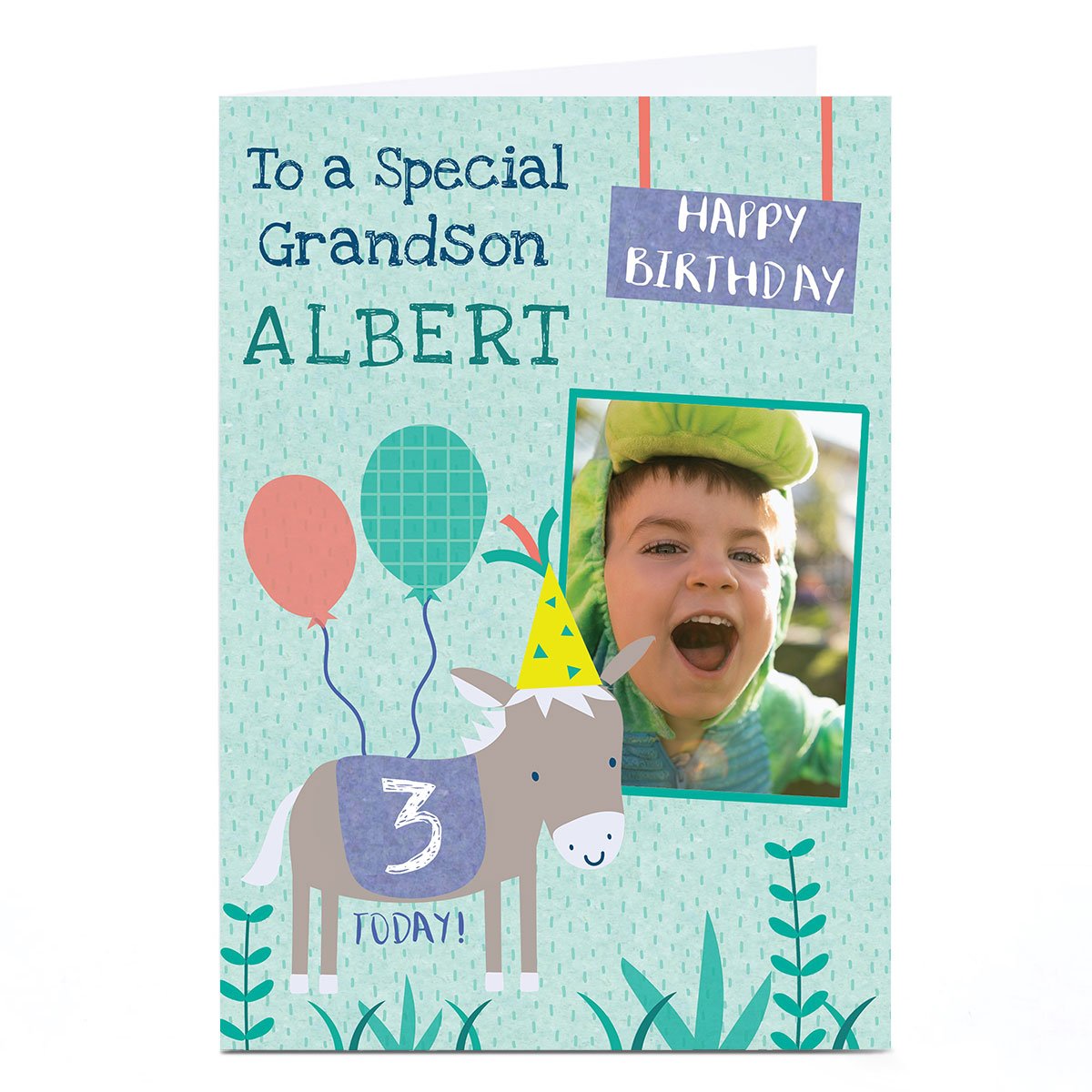 Photo Juniper & Rose Birthday Card - Grandson Donkey, Editable Age