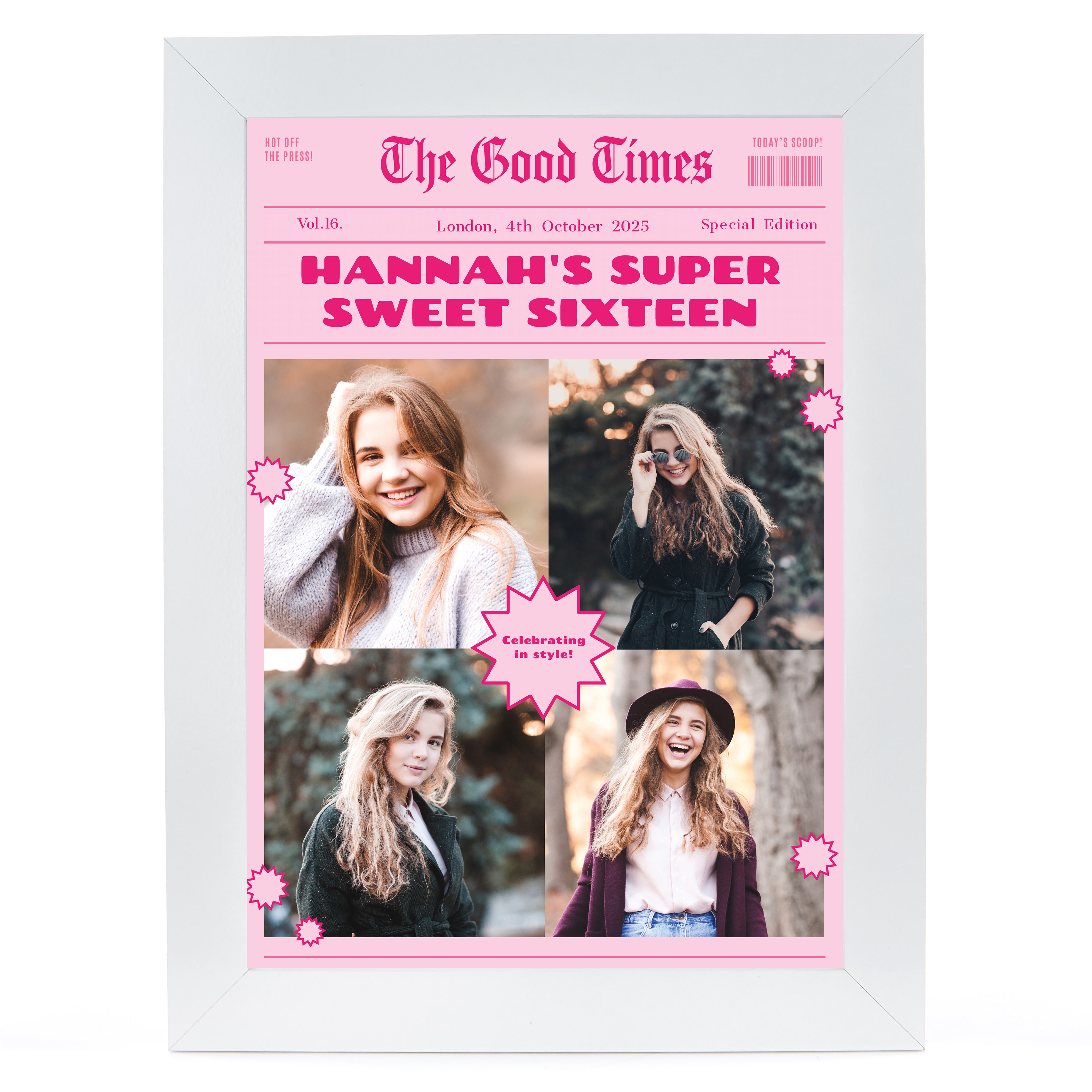 Personalised Photo Upload Wall Art - The Good Times Newspaper, Pink