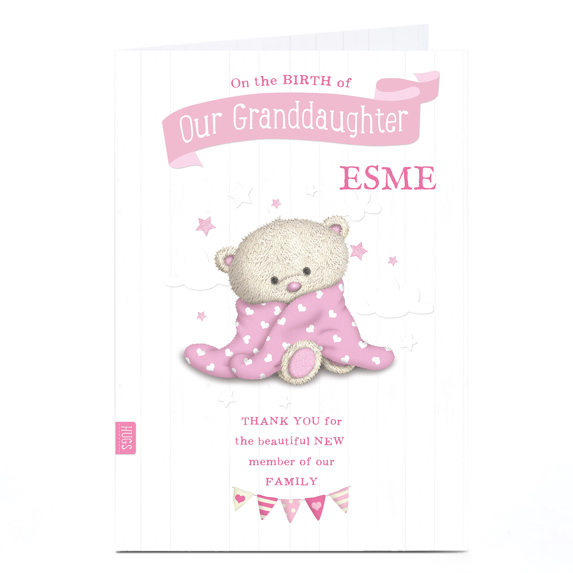 Personalised Hugs New Baby Card - Pink Baby Towel