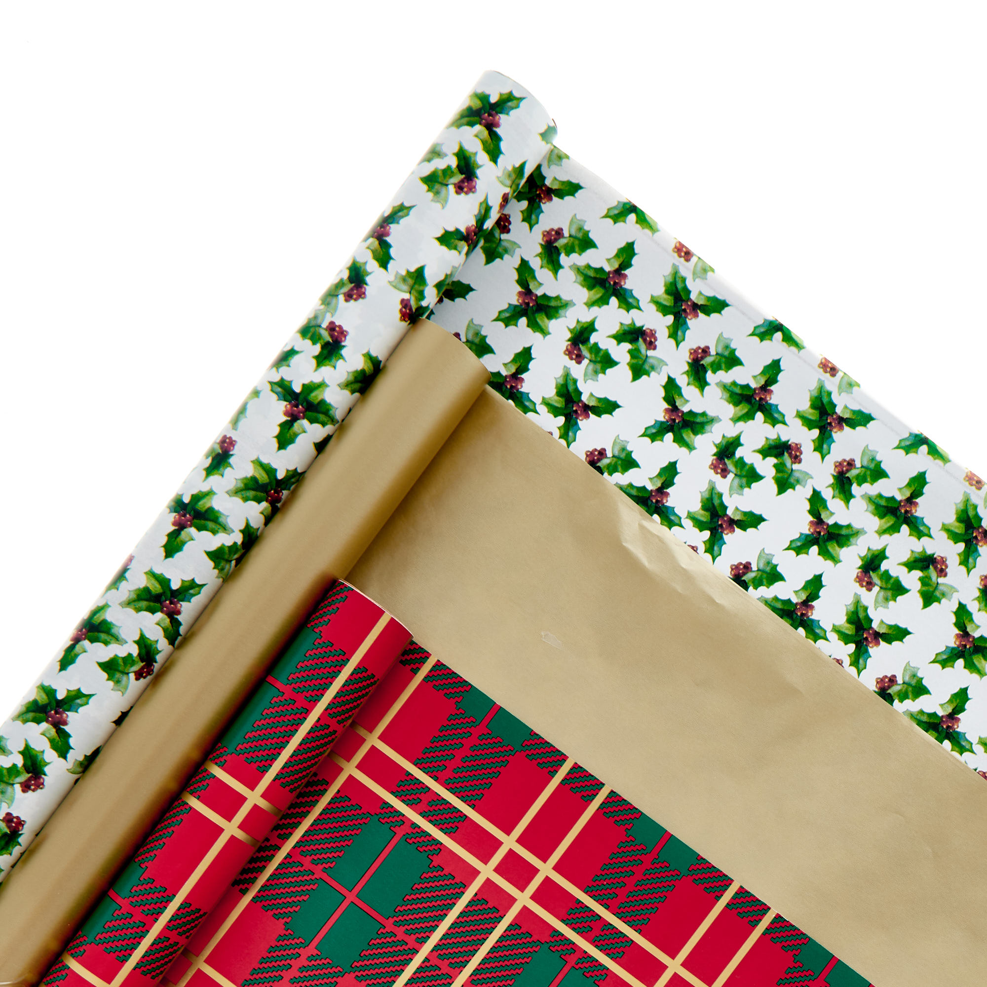 Tartan, Holly & Gold Wrapping Paper Pack - 3 Rolls