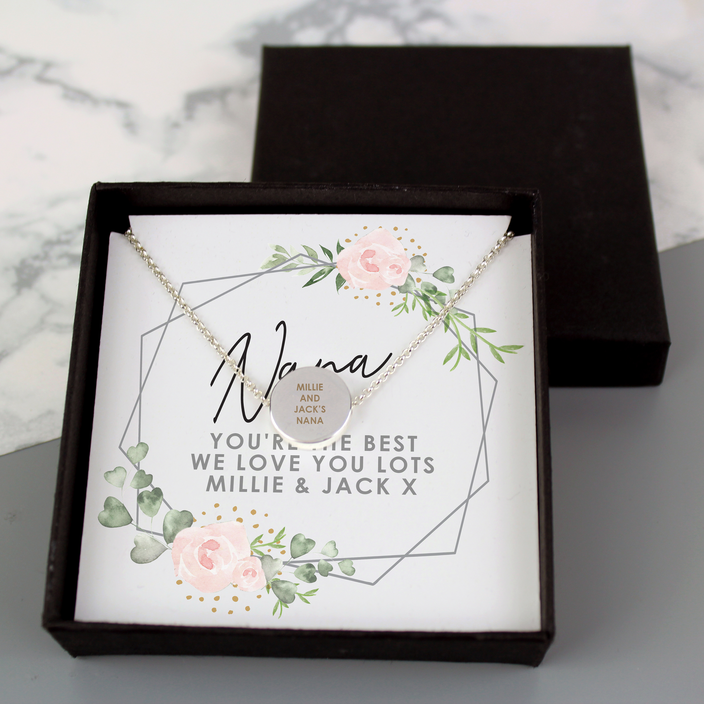 Personalised Abstract Rose Sentiment Silver Tone Necklace & Box