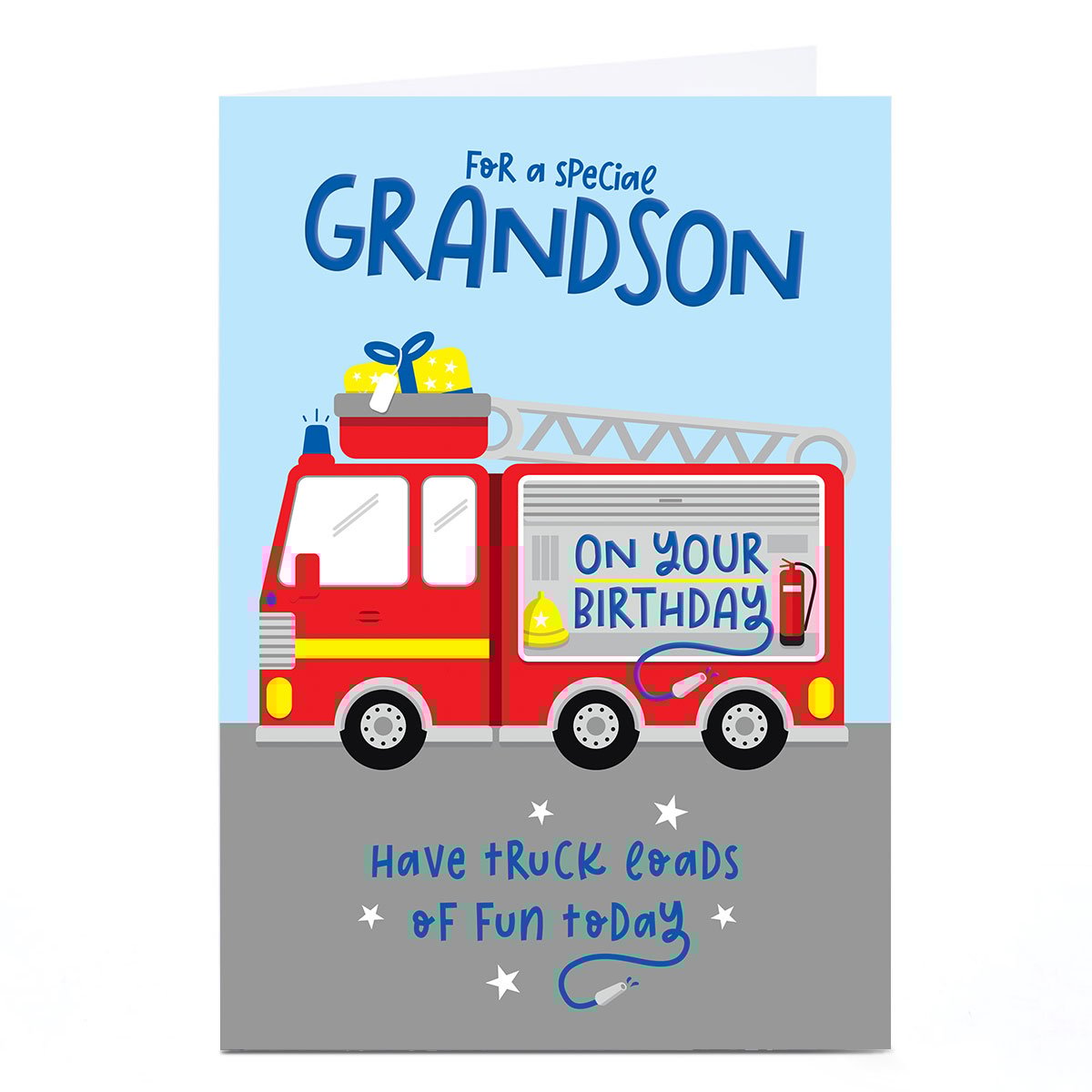 Personalised Birthday Card -  Fire Engine Truck Loads of Fun, Grandson