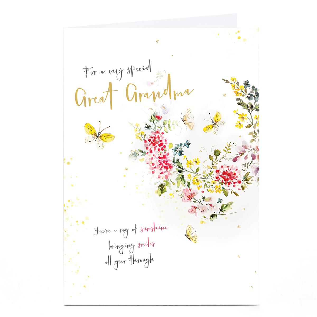 Personalised Birthday Card - Ray of Sunshine Foliage and Butterflies, Great Grandma