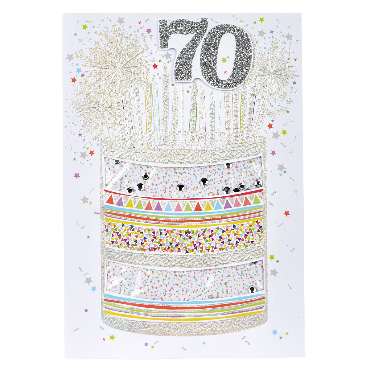 70th Birthday Card - Silver Cake & Candles