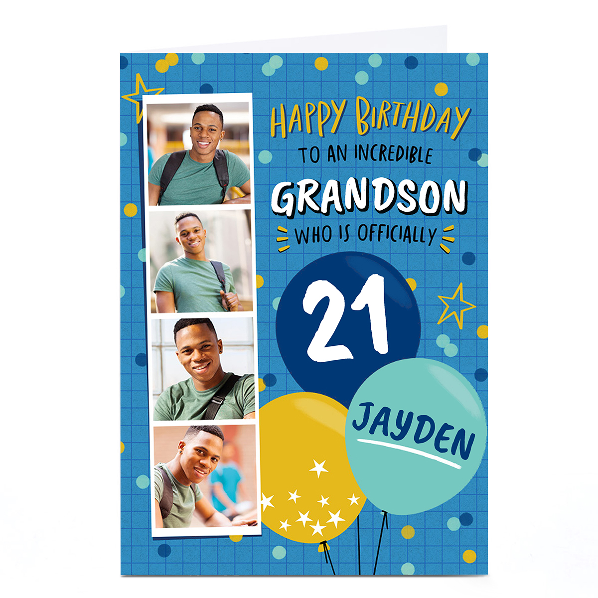 Photo Birthday Card - Grandson Blue & Yellow Balloons, Editable Age