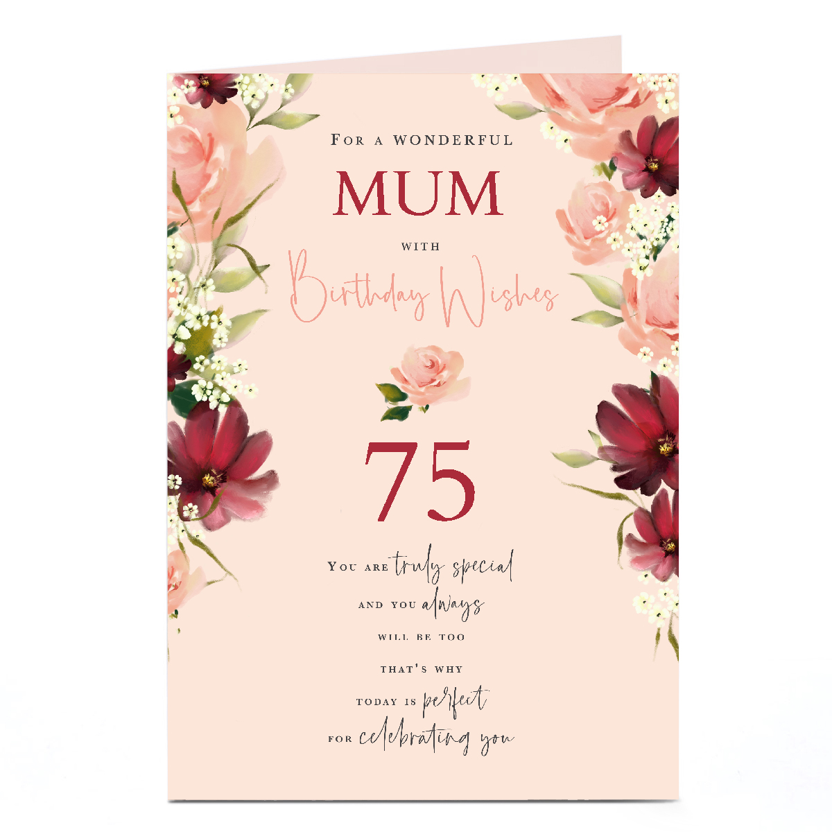 Personalised 75th Birthday Card - Floral Mum, Editable Age