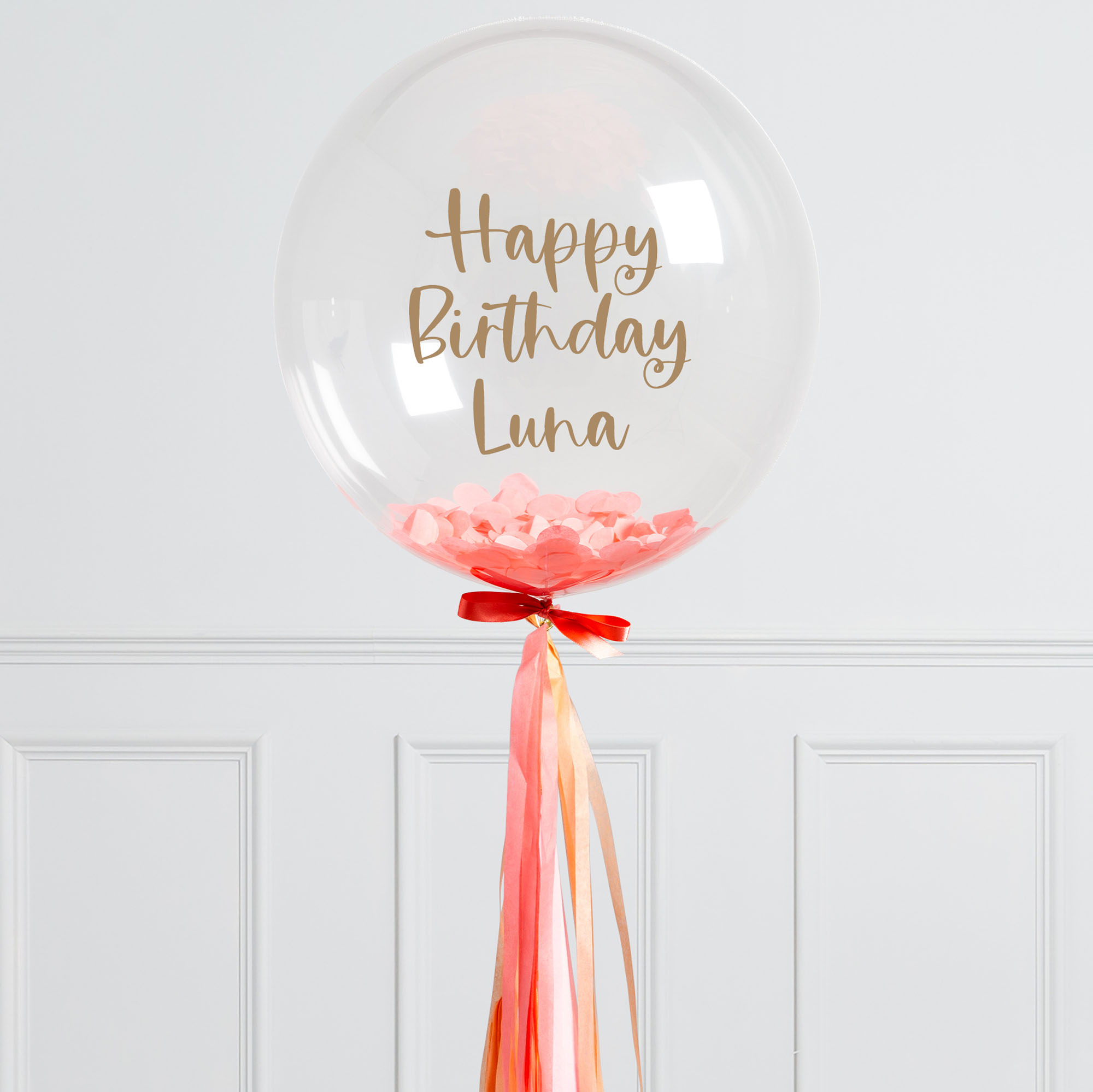 Personalised 20-Inch Peach Confetti Tassel Bubblegum Balloon - DELIVERED INFLATED!