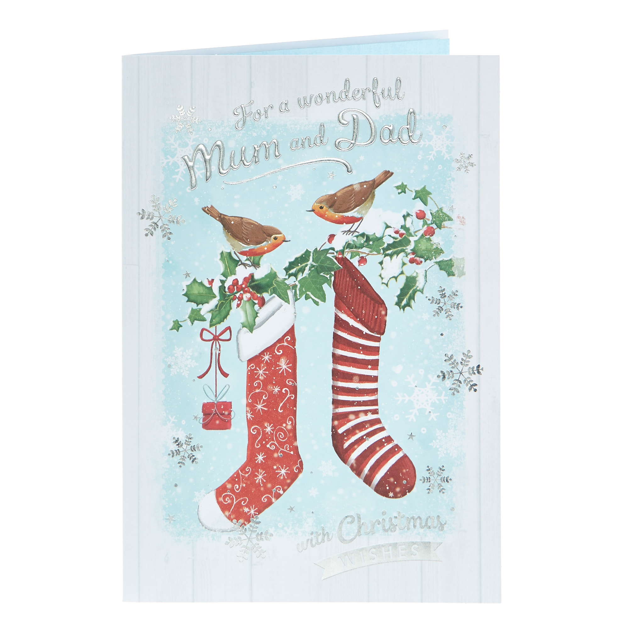 Christmas Card - Wonderful Mum And Dad, Robins And Christmas Stockings
