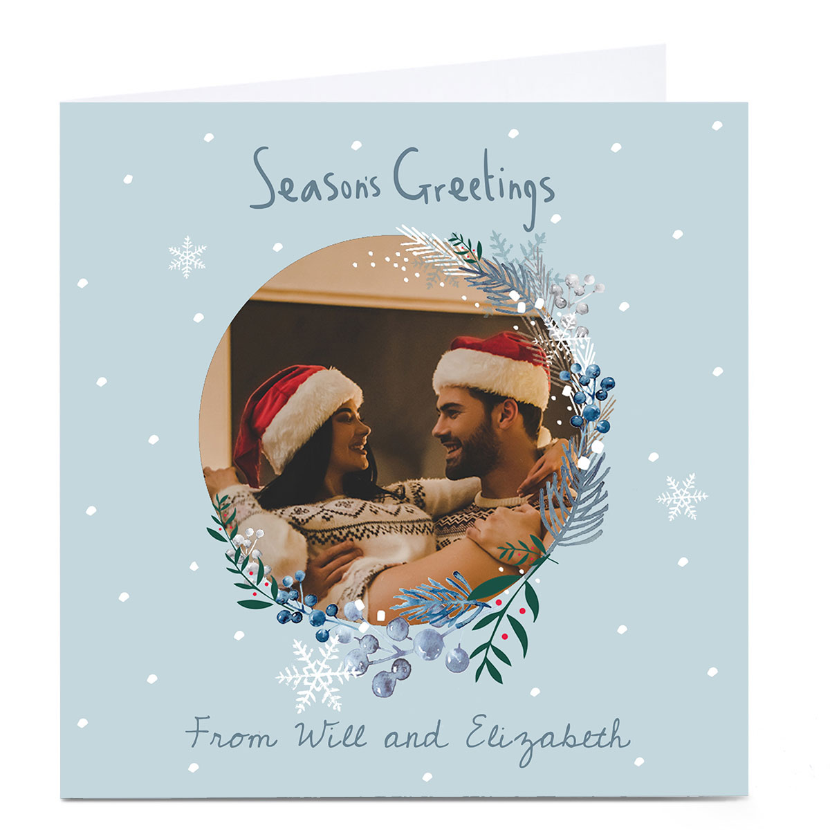 Photo Christmas Card - Blue Wreath Season's Greetings