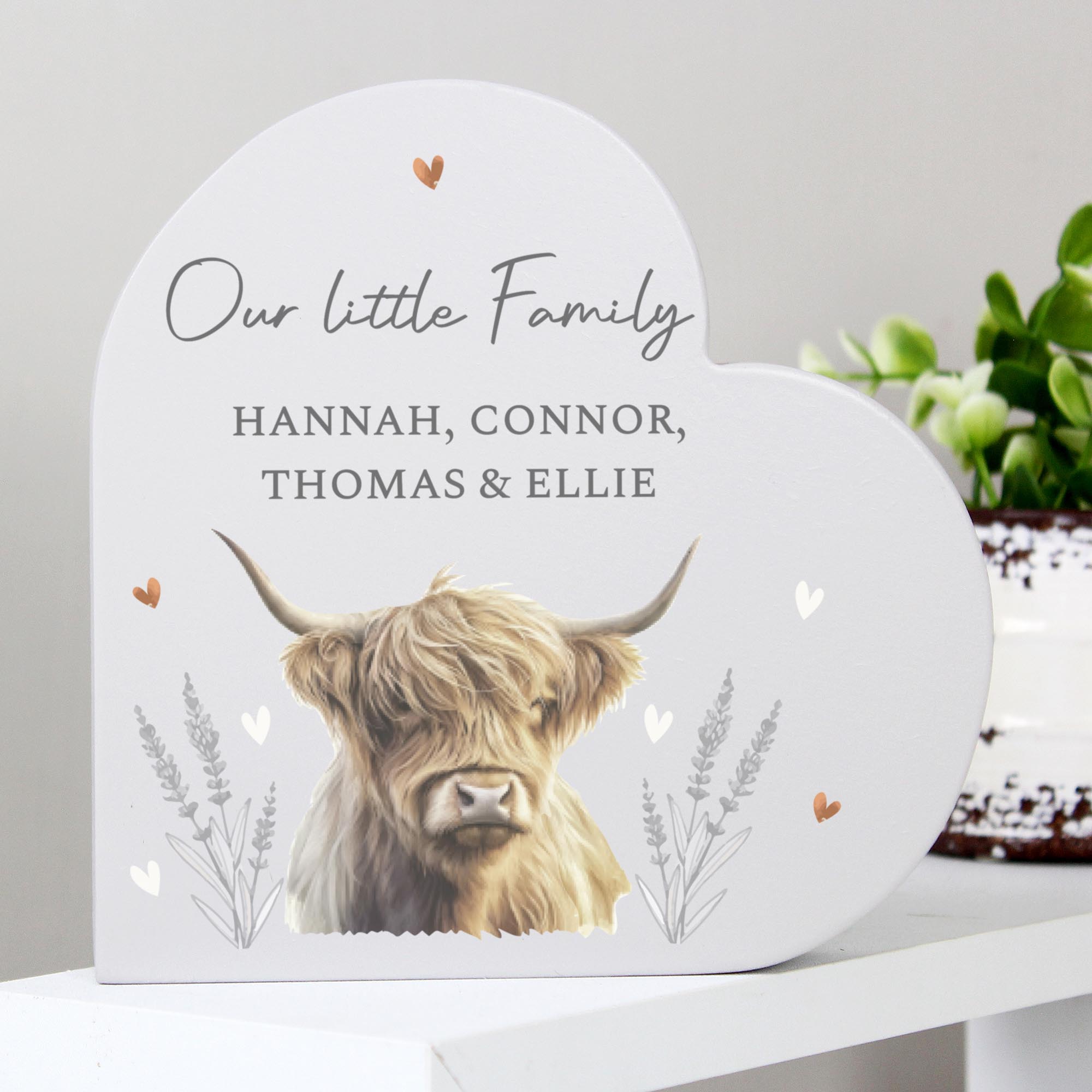Personalised Highland Cow Wooden Heart Ornament