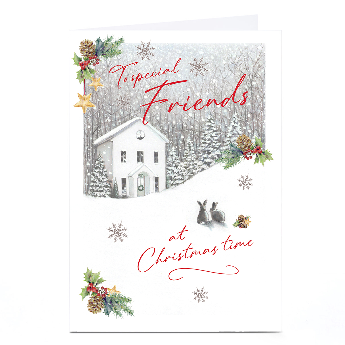 Personalised Christmas Card - House in Woods with Rabbits, Friends