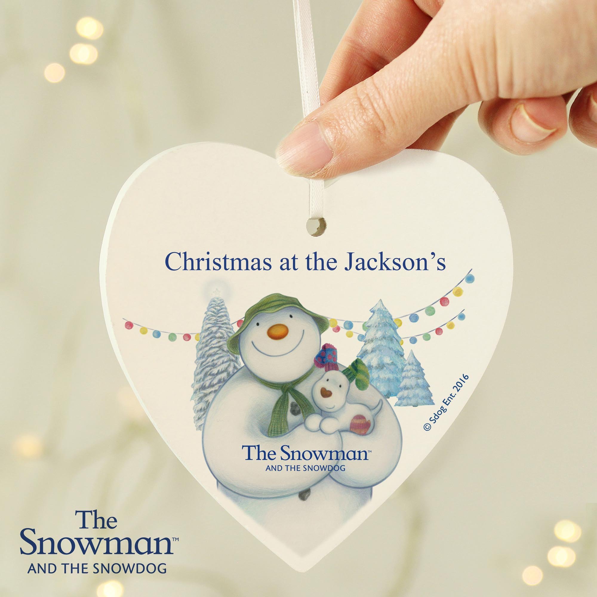 Personalised The Snowman & the Snowdog Wooden Heart Decoration