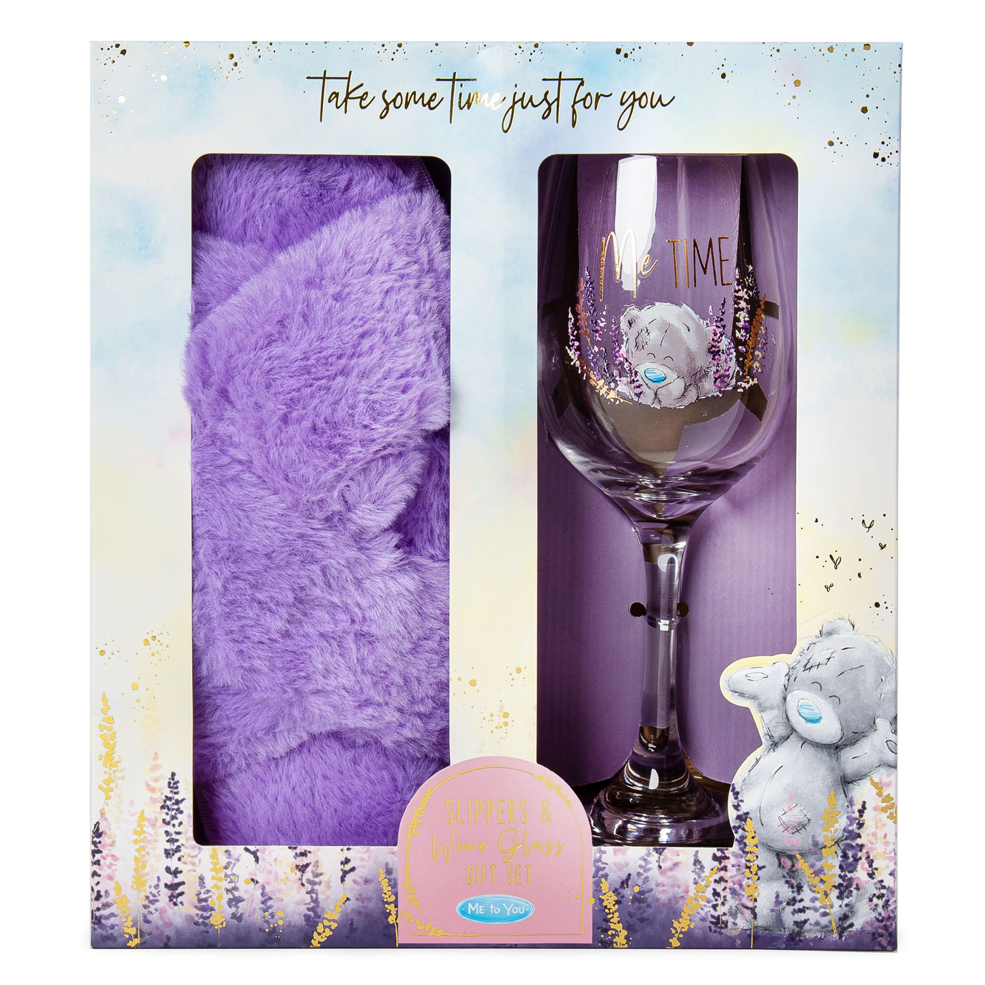 Me to You Tatty Teddy Lavender Fields Slippers & Wine Glass Gift Set