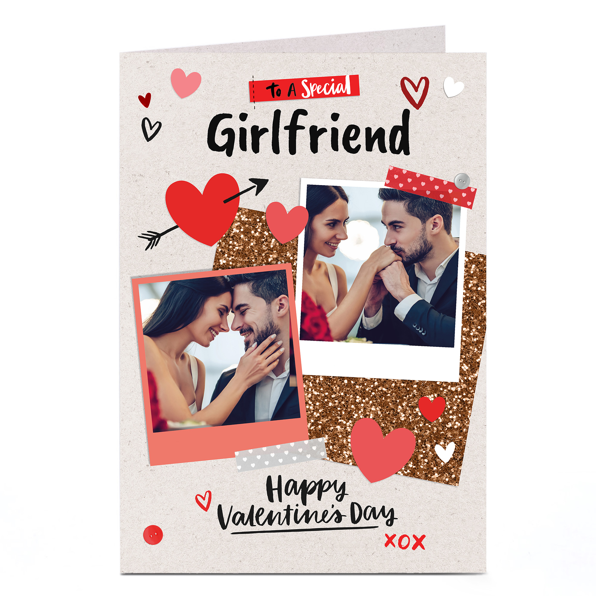 Photo Upload Valentine's Card - Red Hearts & Polaroids, Girlfriend