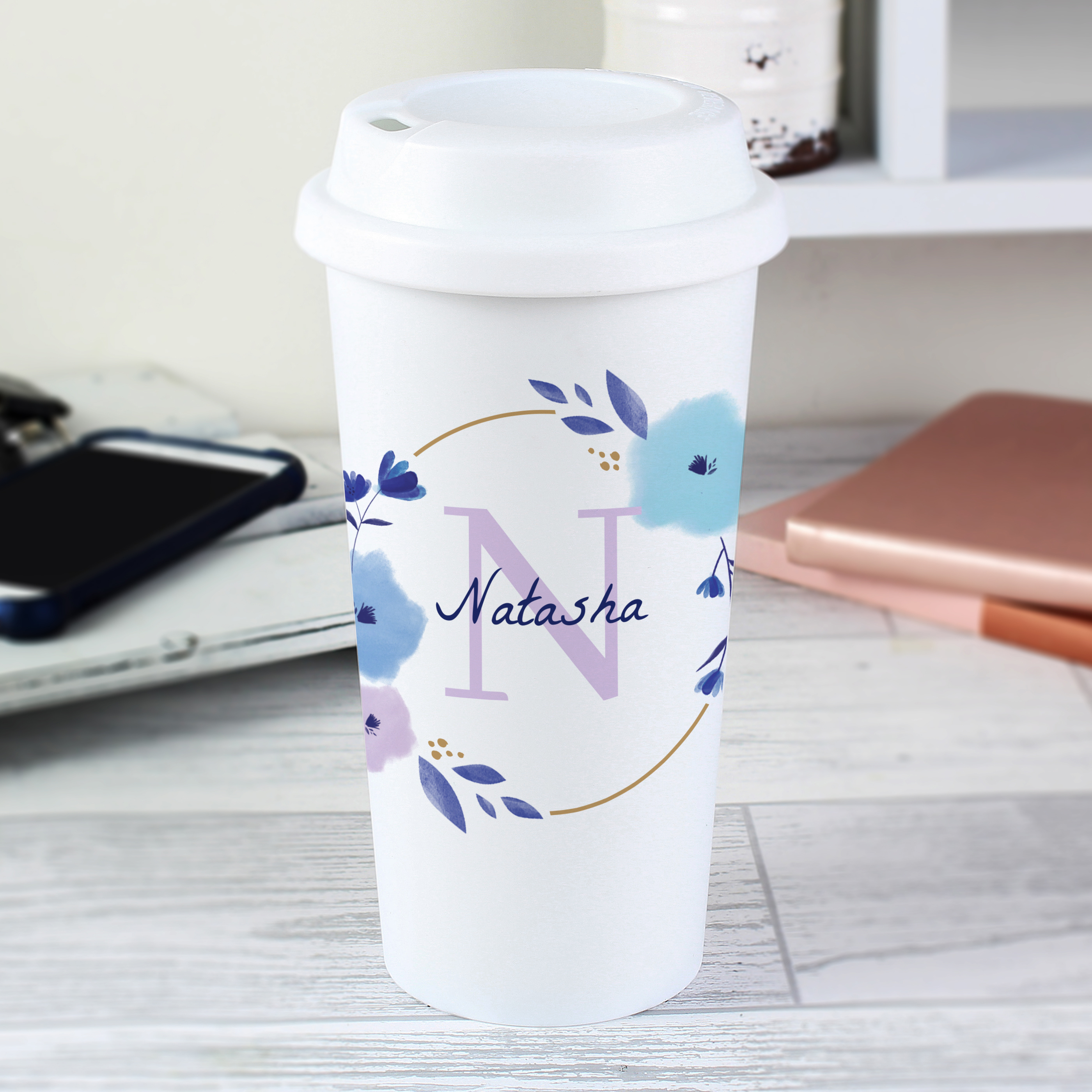 Personalised Floral Initial Travel Cup