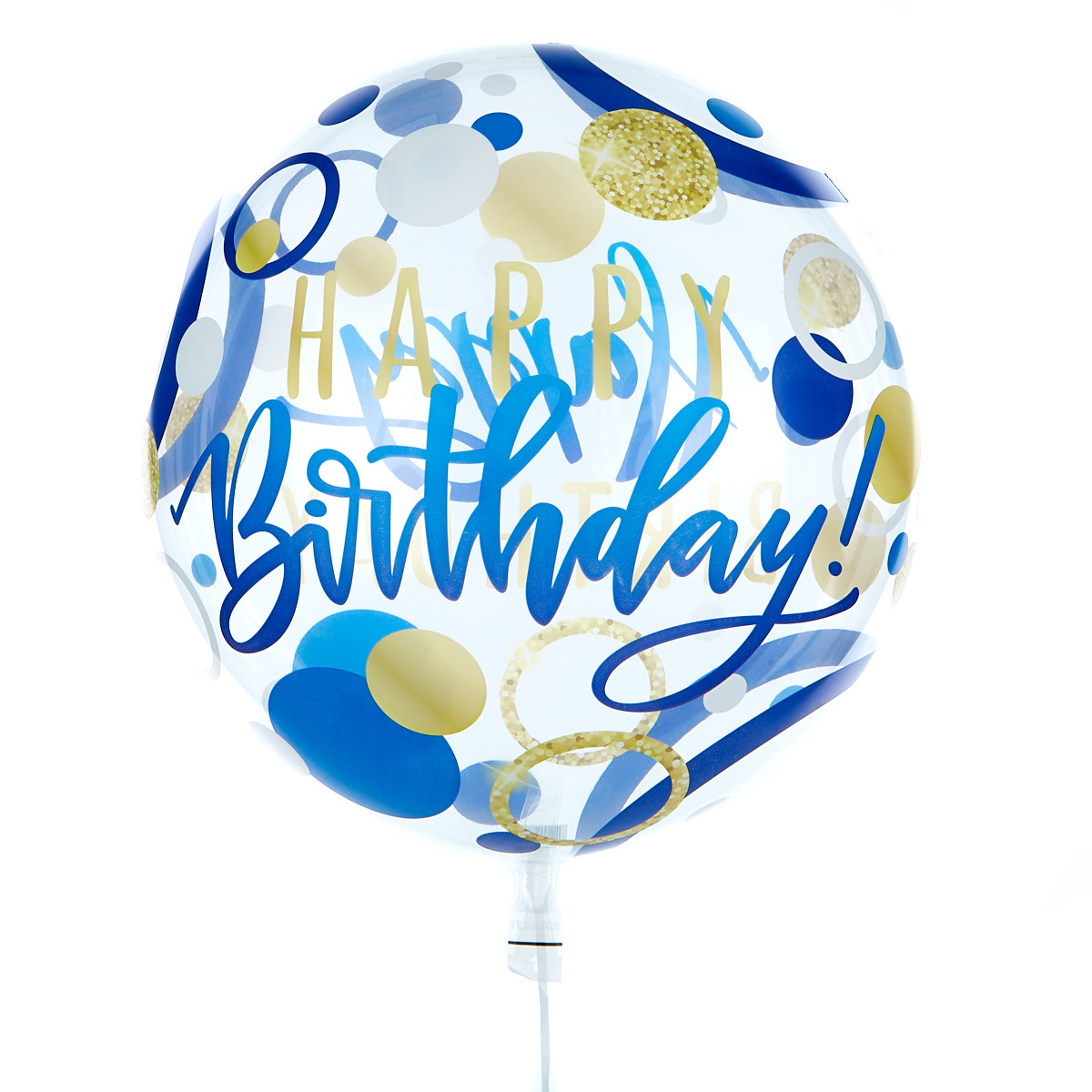 22-Inch Bubble Balloon - Happy Birthday, Blue & Gold Spots - DELIVERED INFLATED!