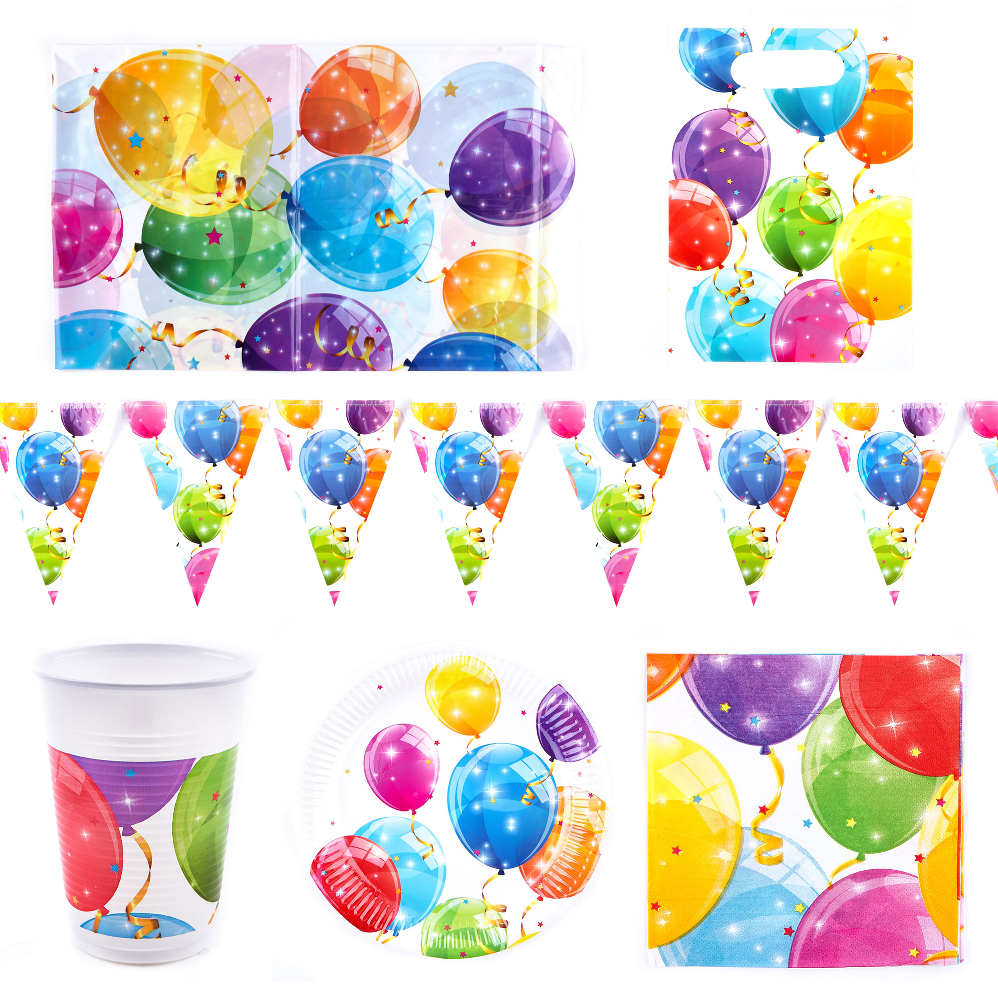 Multi-Coloured Balloons Party Tableware Bundle - 16 Guests