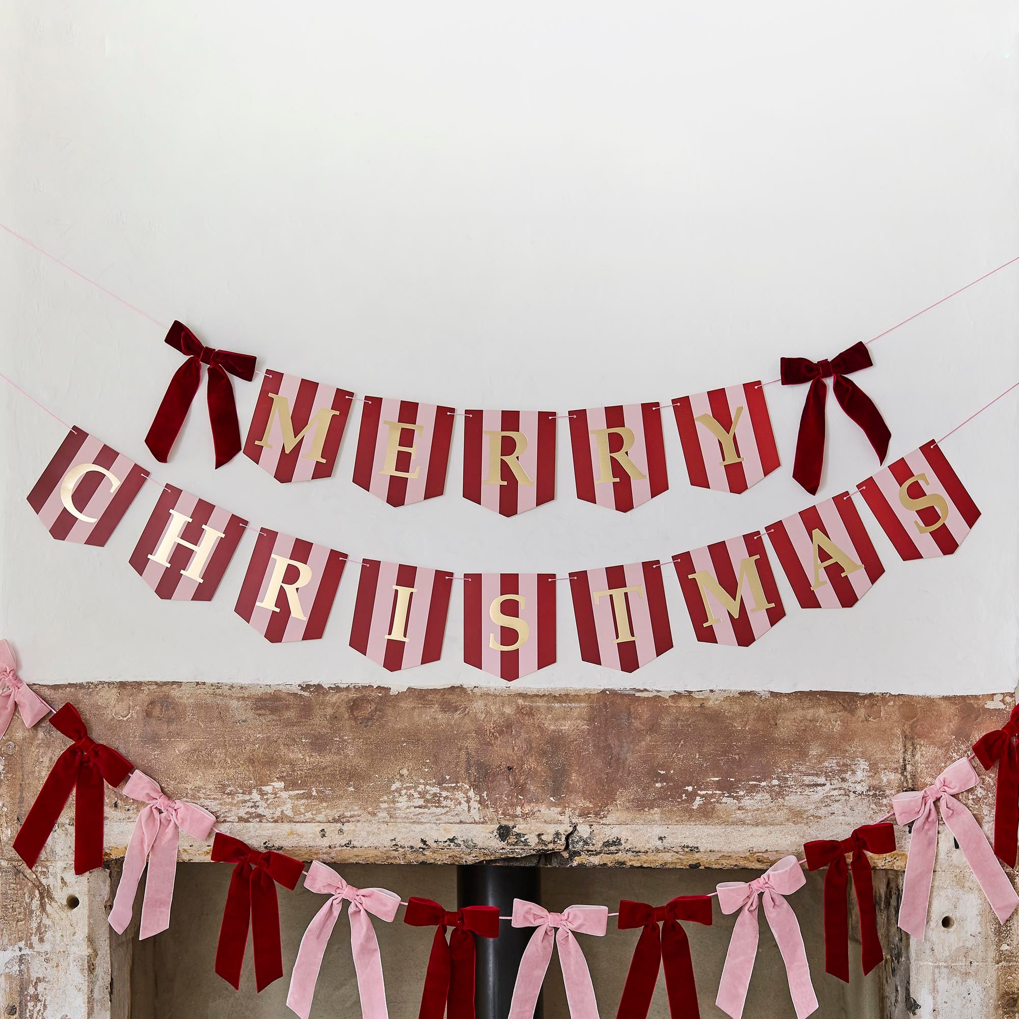 Stripey Merry Christmas Foiled Banner With Velvet Bows