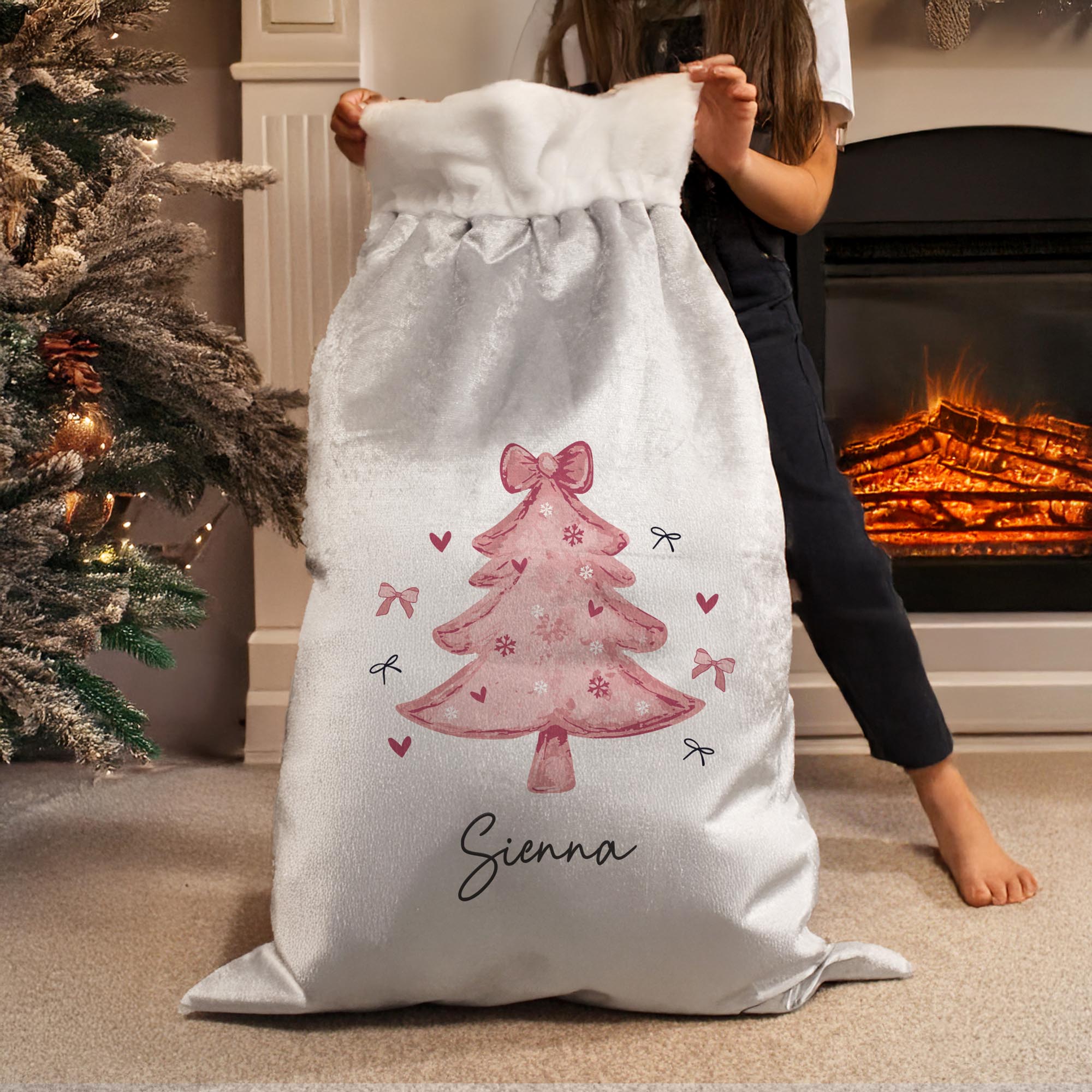Personalised Pink Bows Christmas Tree Sack,  Personalised Pink Bows Christmas Tree Sack
