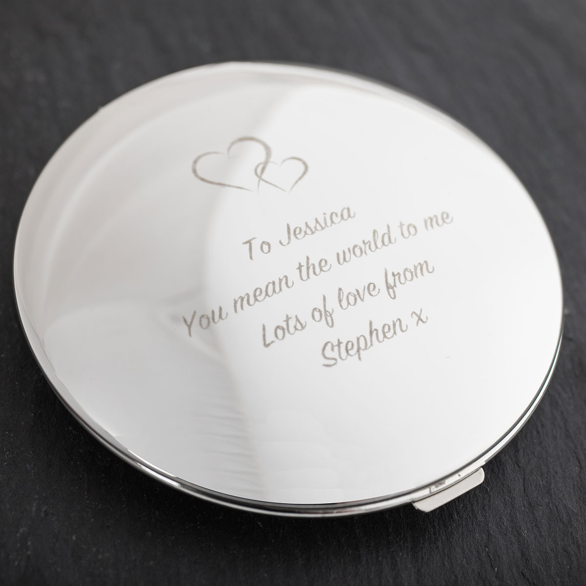 Personalised Engraved Silver Round Compact Mirror - Hearts, Any Message
