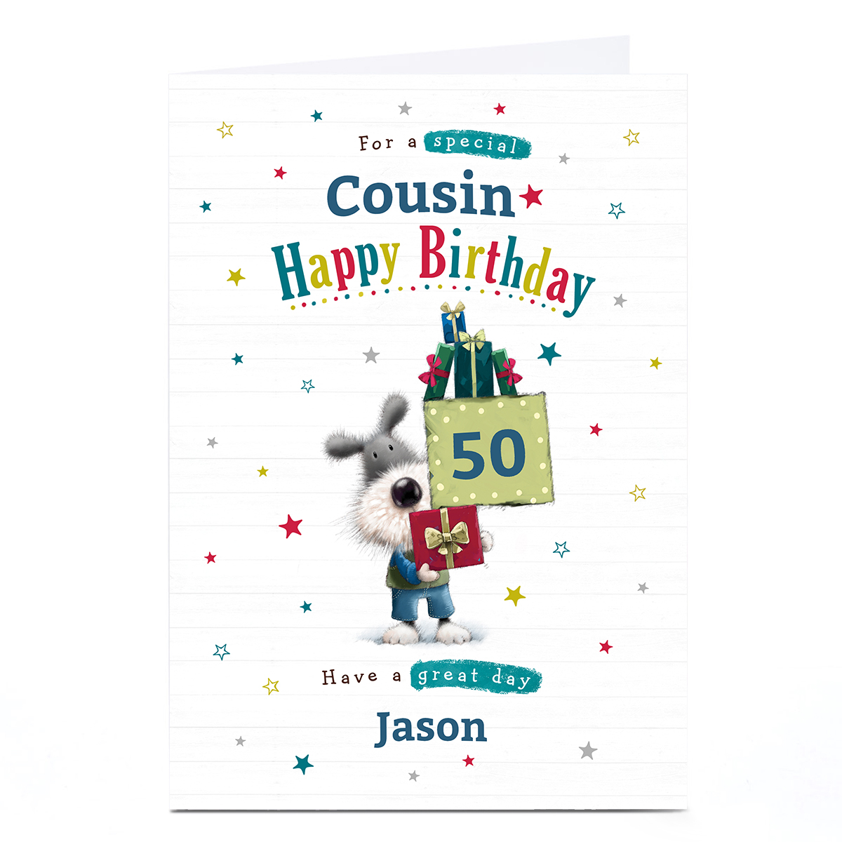 Personalised Birthday Card - Dog & Gifts Cousin, Editable Age