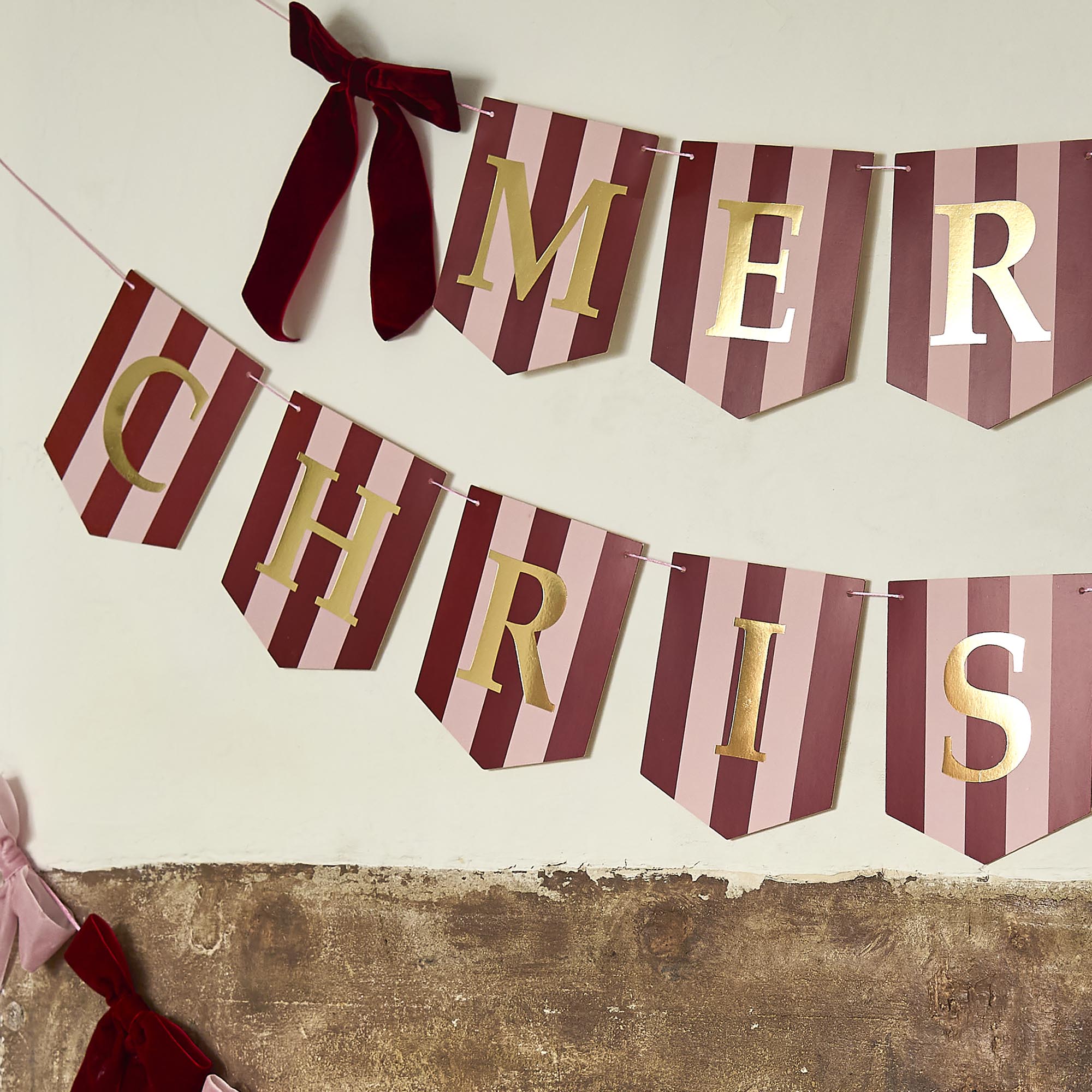 Stripey Merry Christmas Foiled Banner With Velvet Bows